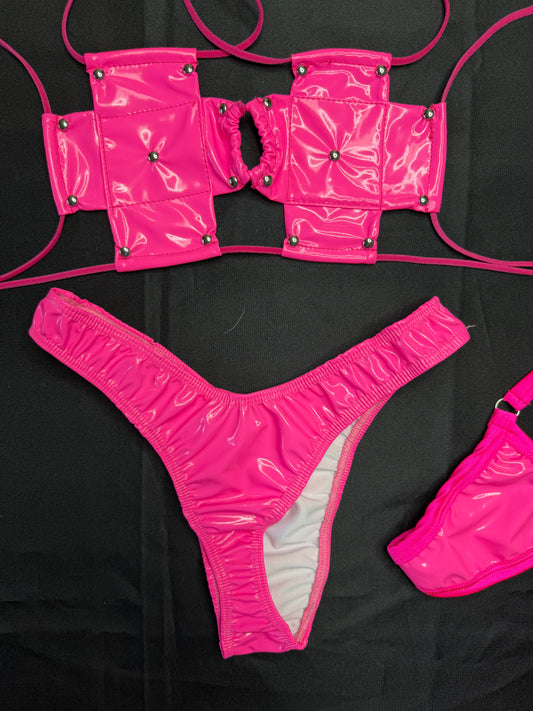 Hot Pink Vinyl Cross Bikini Cheeky Thong Two-Piece Lingerie Outfit