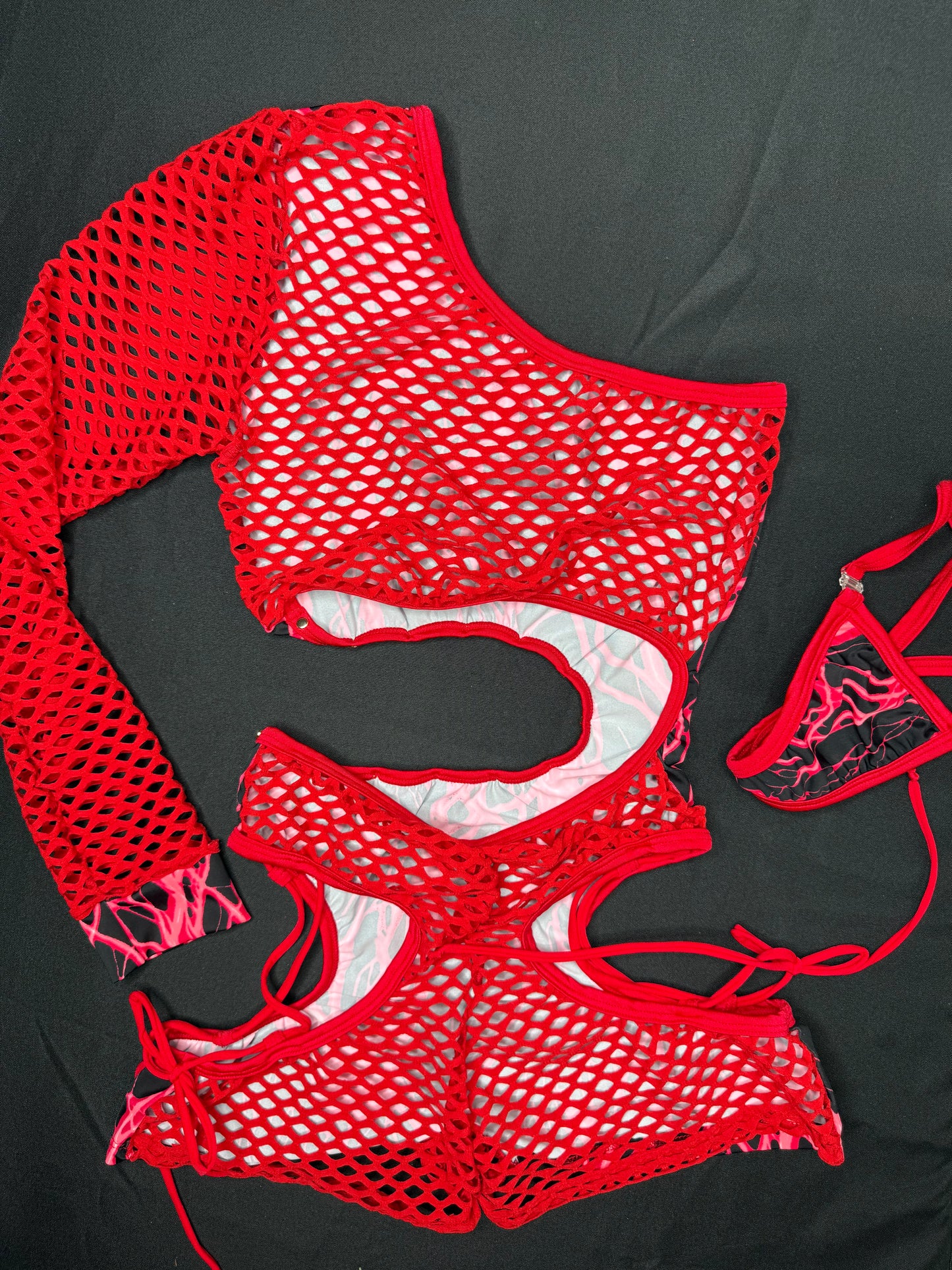 Red Lightning/Red Fishnet Spandex Single Sleeve One-Piece Romper Lingerie Outfit