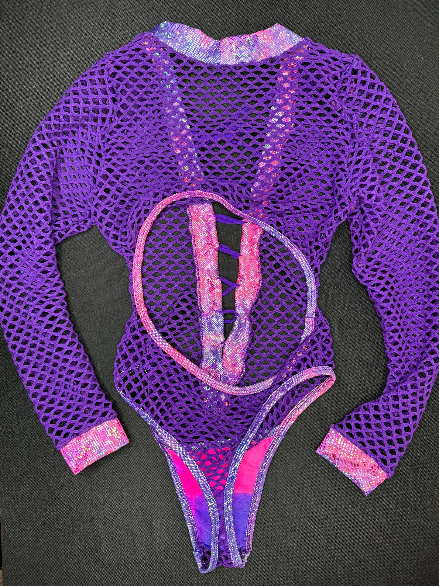 Metallic Pink & Purple/Purple Fishnet One-Piece Leotard Lingerie Outfit