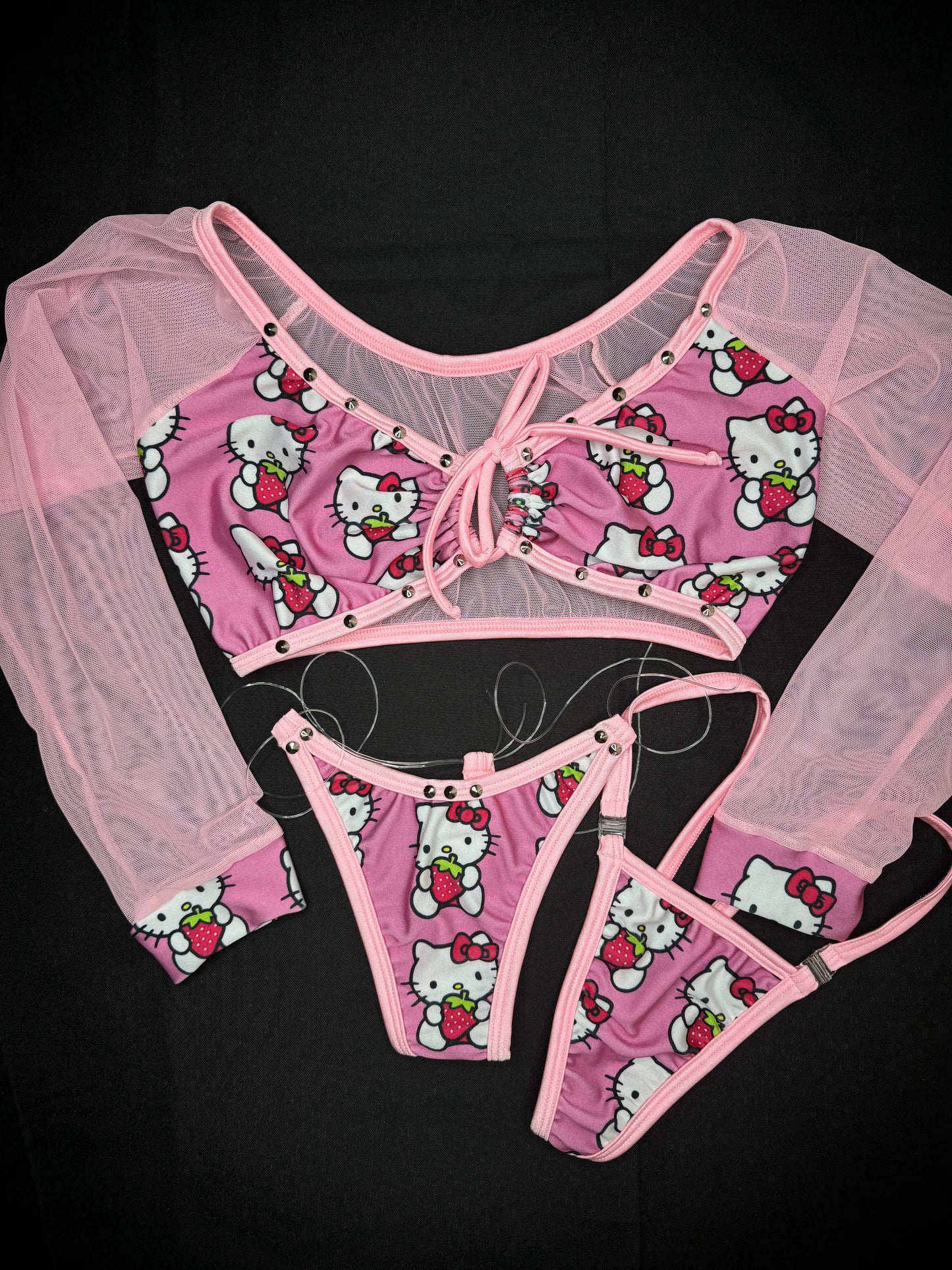 Baby Pink Mesh Strawberry Kitty Spandex Two-Piece Lingerie Outfit