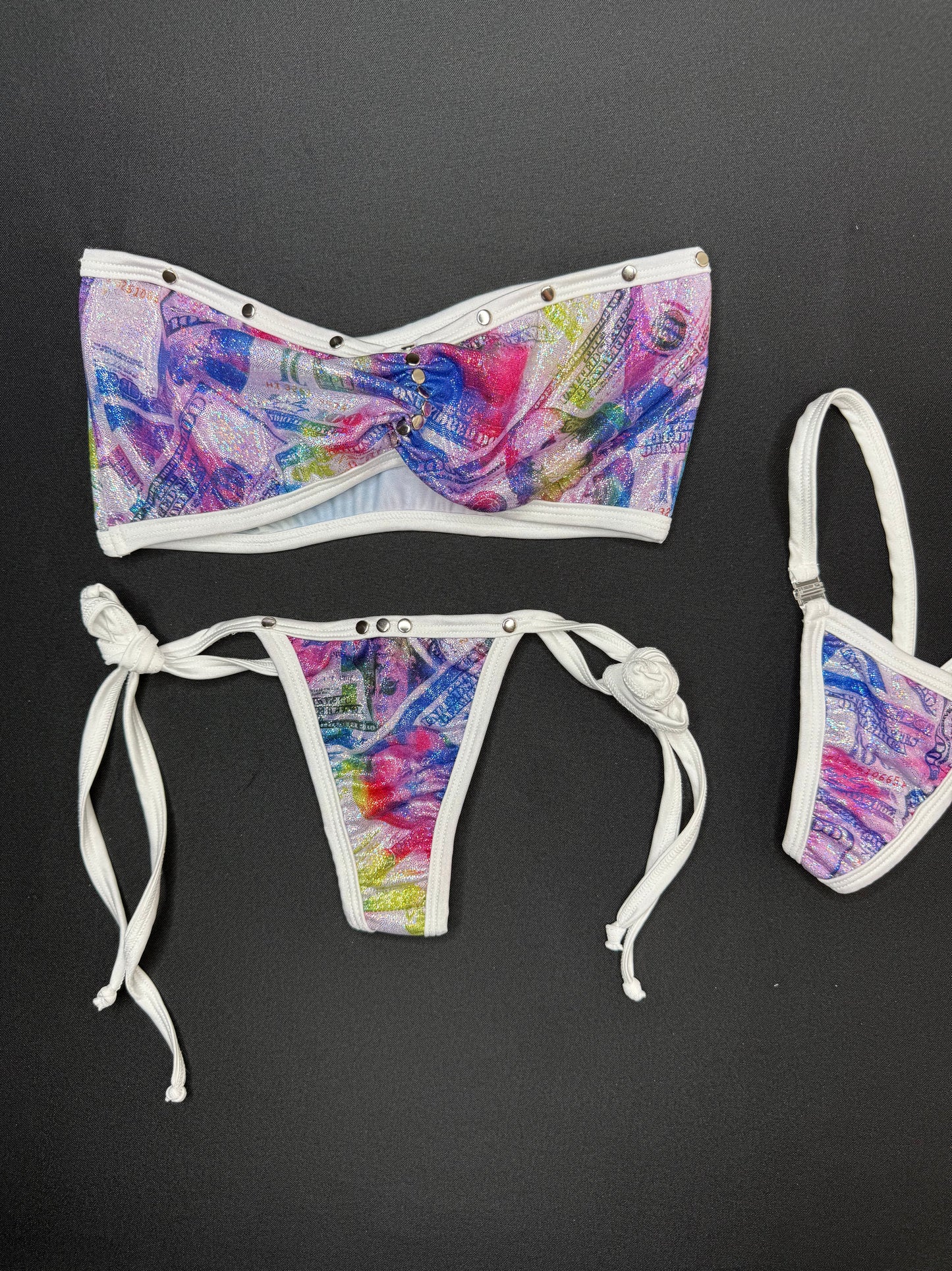 Holographic Rainbow Print/White Spandex Tube-Top Side Tie Bikini Bottoms