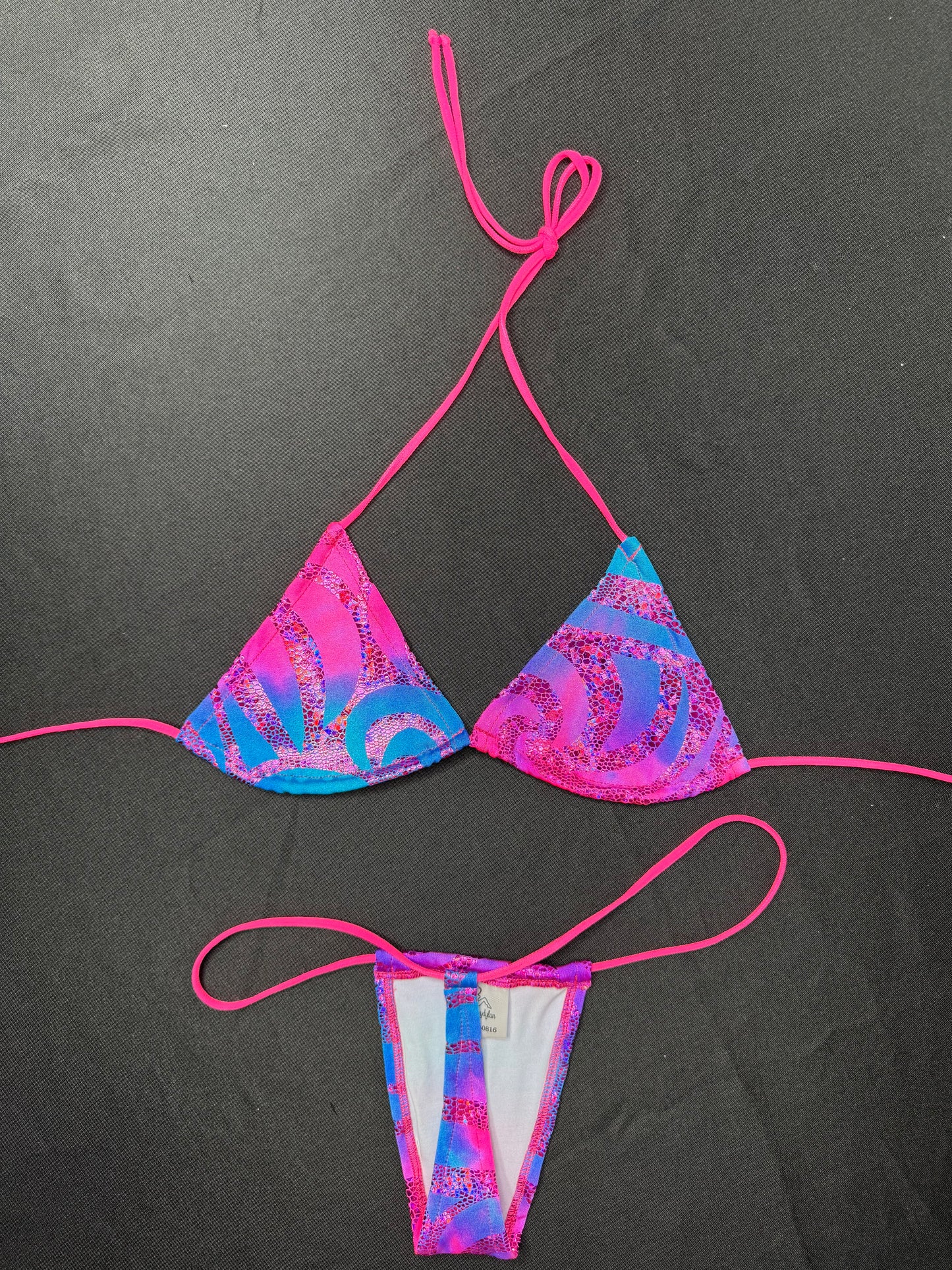 Pink/Blue Ombré Print Spandex Two-Piece Micro Bikini Lingerie Outfit
