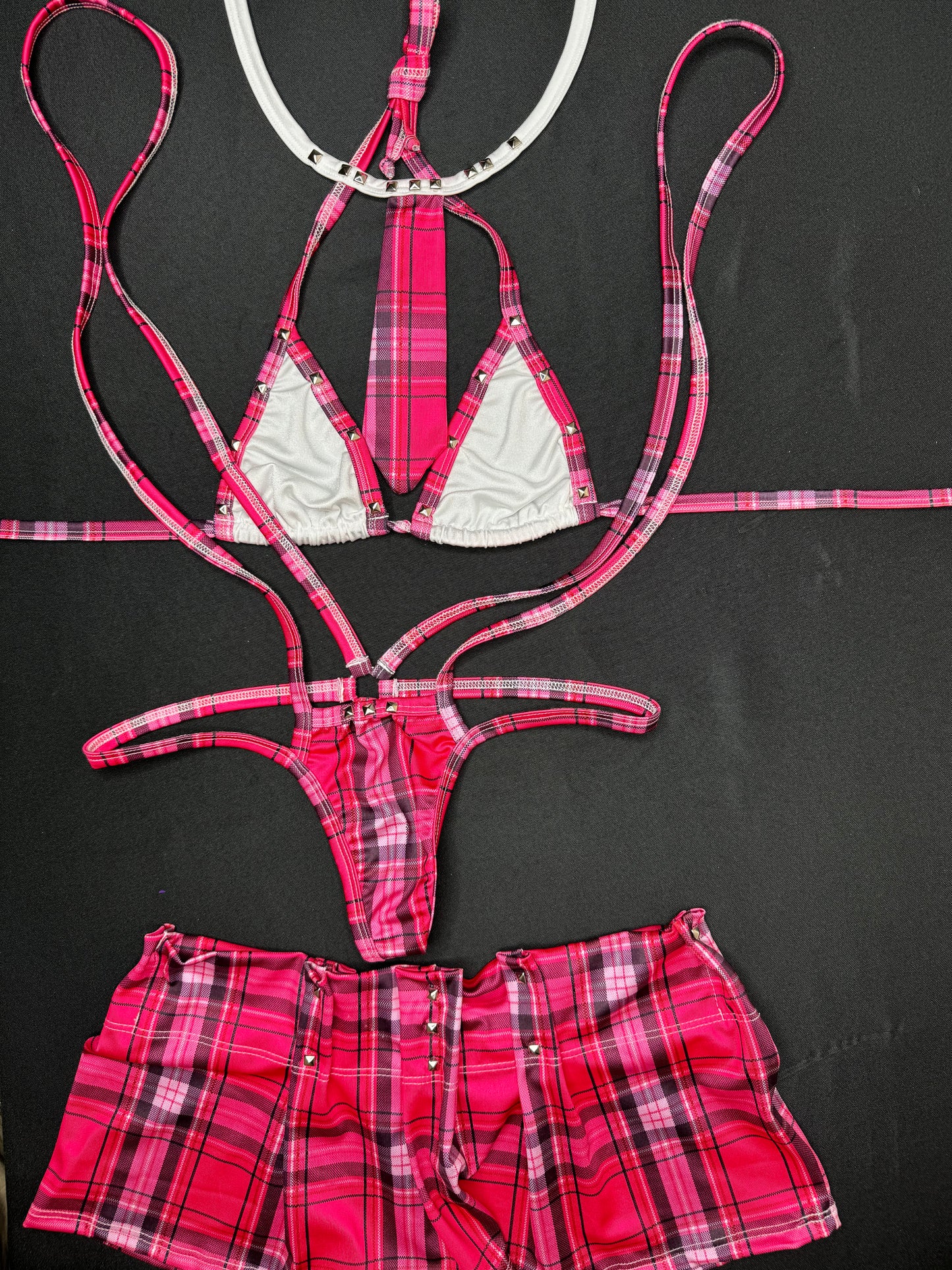 Hot Pink/White Two-Piece School Girl Skirt/Slingshot/Bikini Top Lingerie Outfit