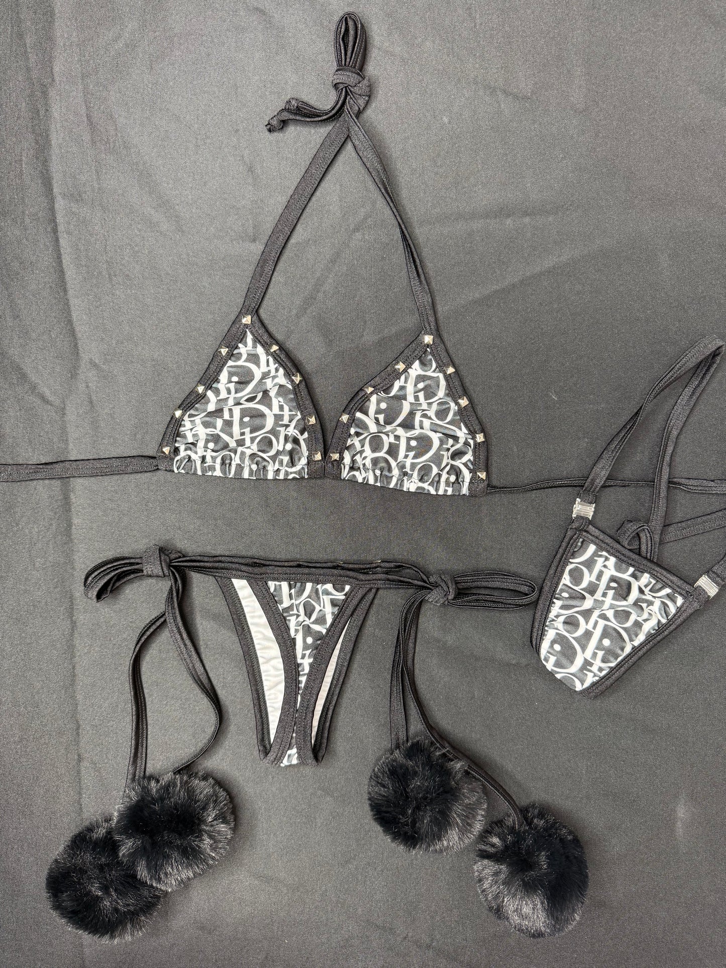 Black Designer Two-Piece Side-Tie Bikini Fur Lingerie Outfit