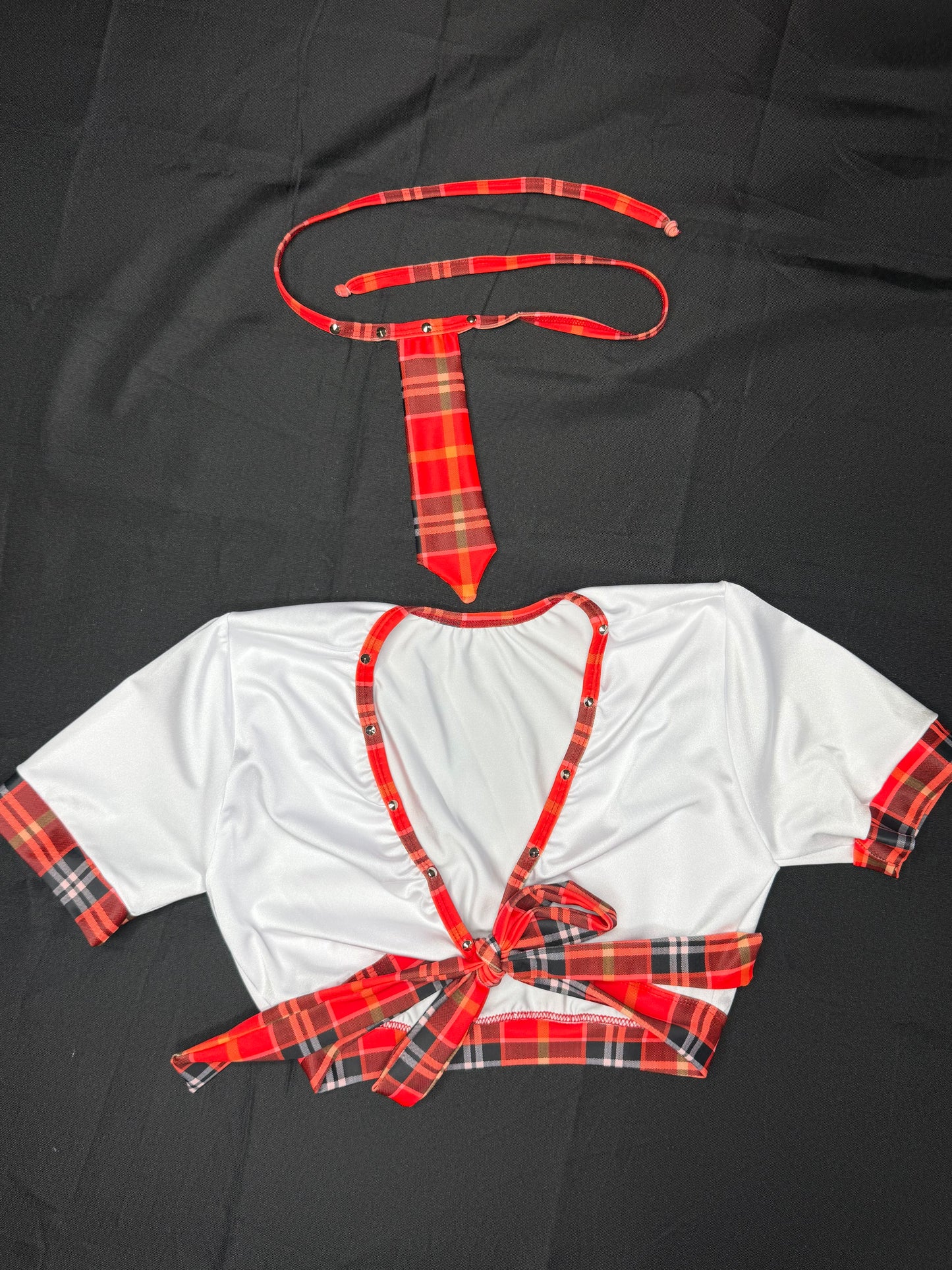 Bright Red/Orange/White Plaid Spandex Two-Piece Skirt with Tie School Girl Lingerie Outfit