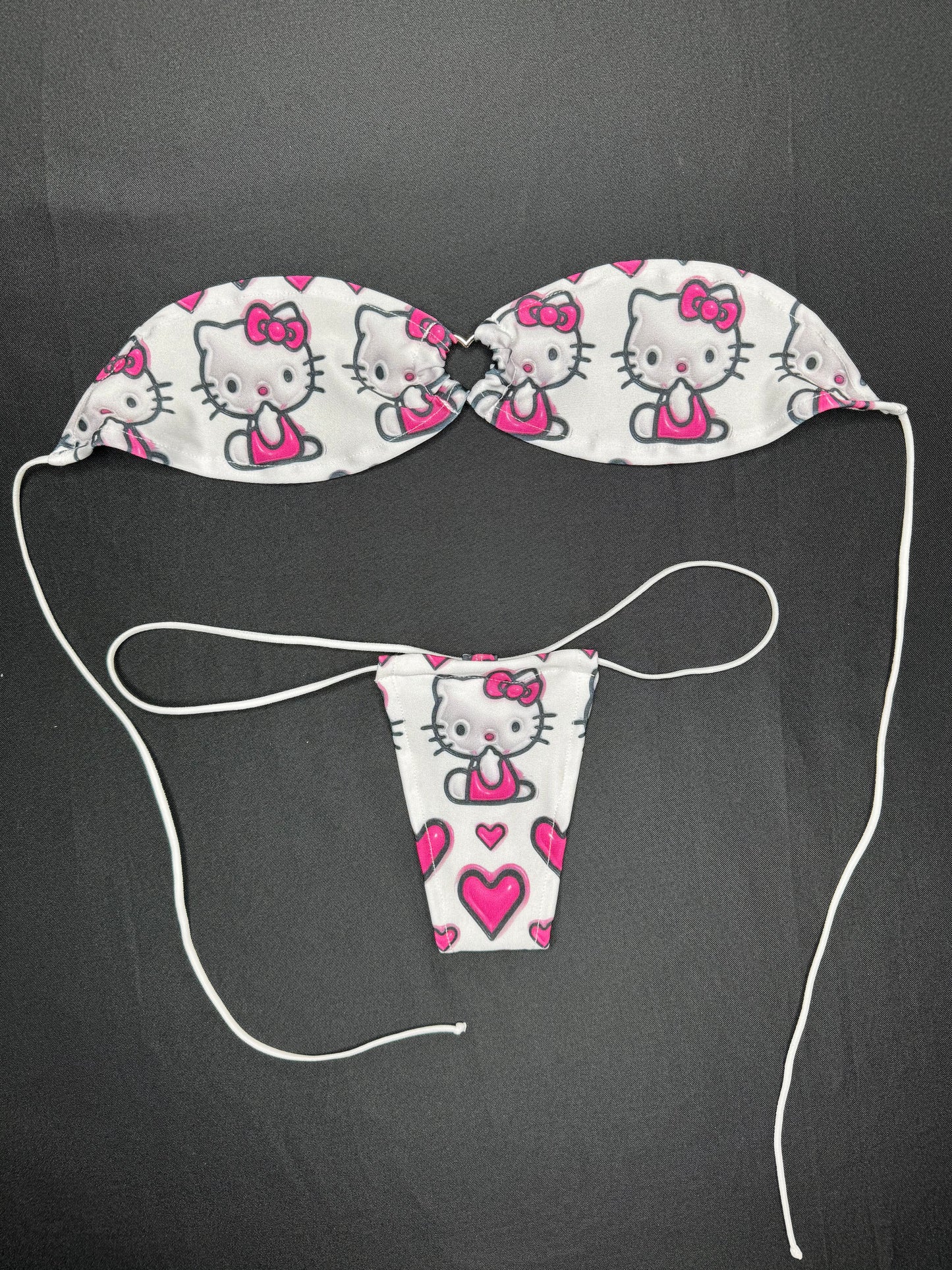 White/Pink Kitty Micro Bikini Two-Piece Lingerie Outfit