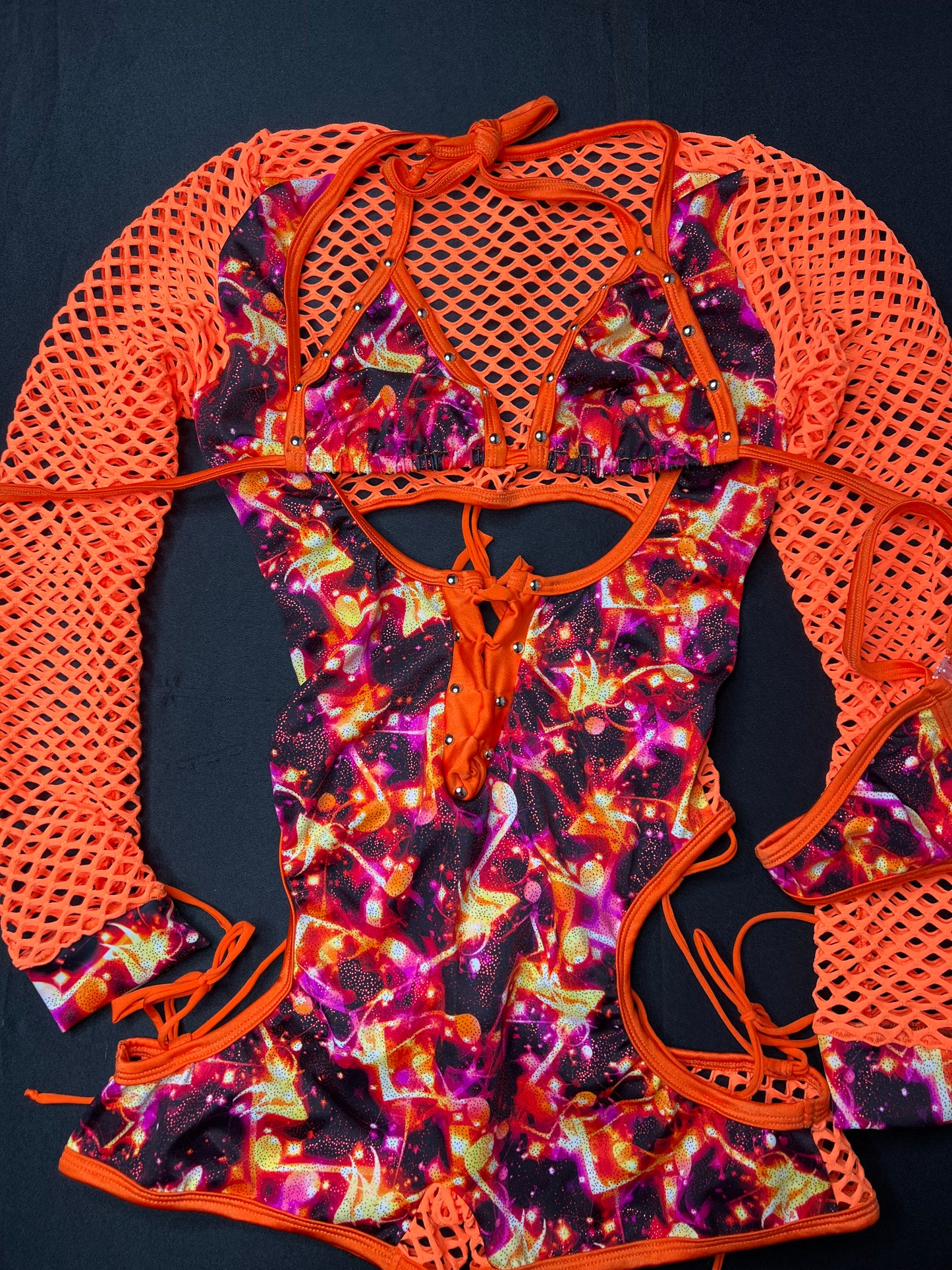 Star Print/Orange Spandex Fishnet Romper Bikini Top One-Piece Lingerie Outfit
