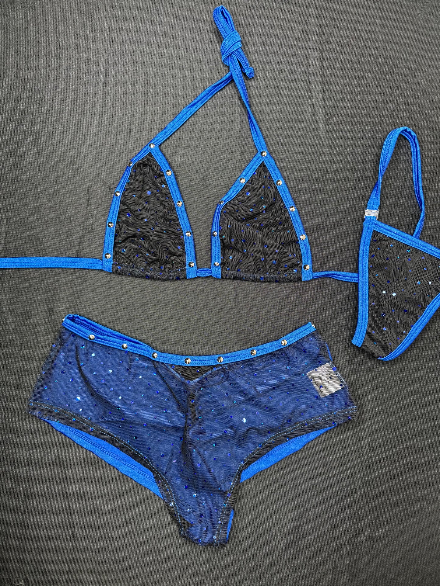 Black Sparkle Mesh/Blue Spandex Two-Piece Shorts Lingerie Outfit