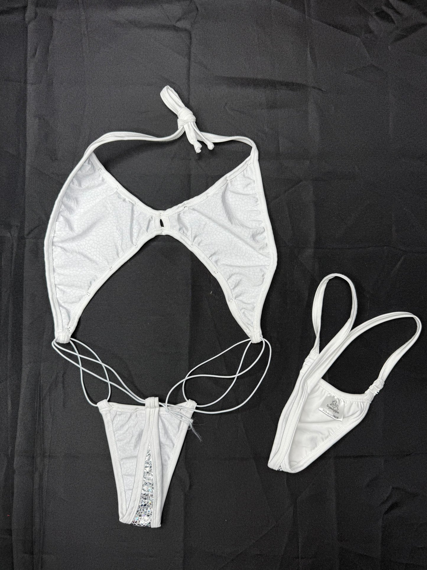 Metallic White Spandex Sling-Shot Lingerie Outfit