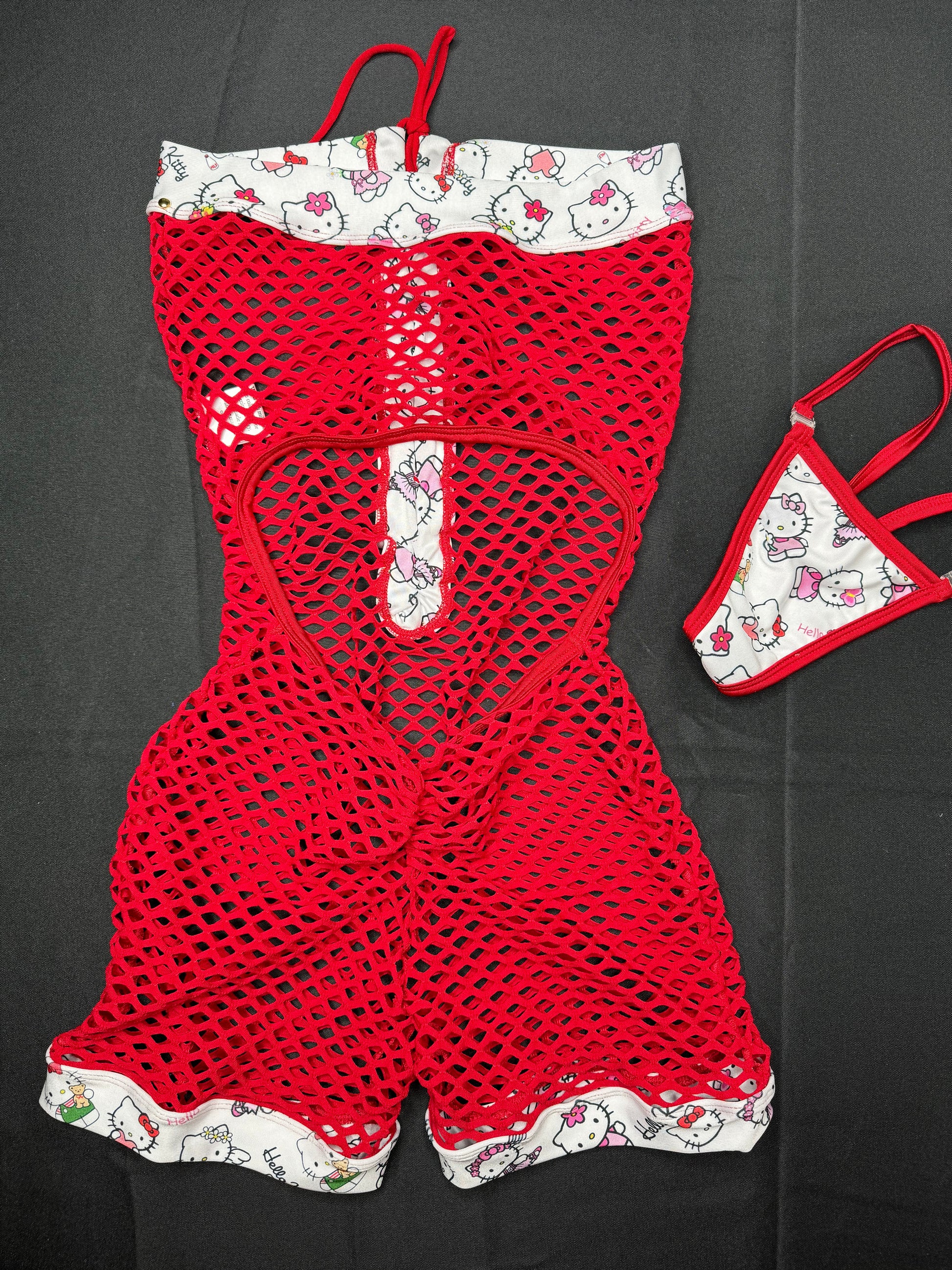 Red Fishnet/White Kitty One-Piece Exotic Dancer Outfit