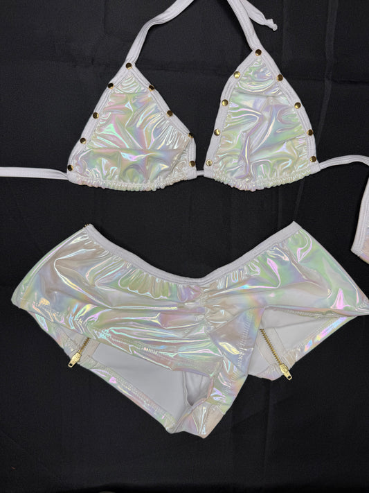 Reflective White Latex/White Spandex Spandex Two-Piece Lingerie Outfit