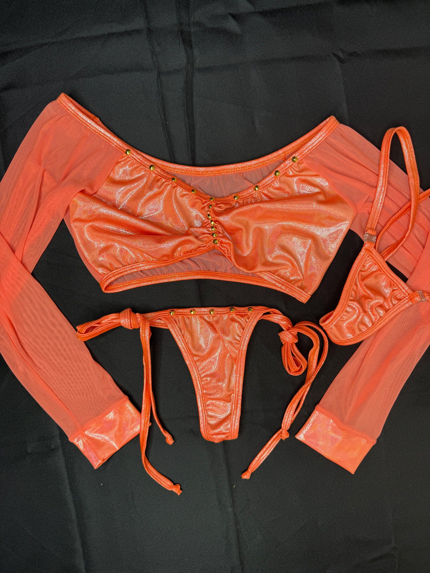 Metallic Orange Spandex/Orange Mesh Long Sleeve Two-Piece Lingerie Outfit