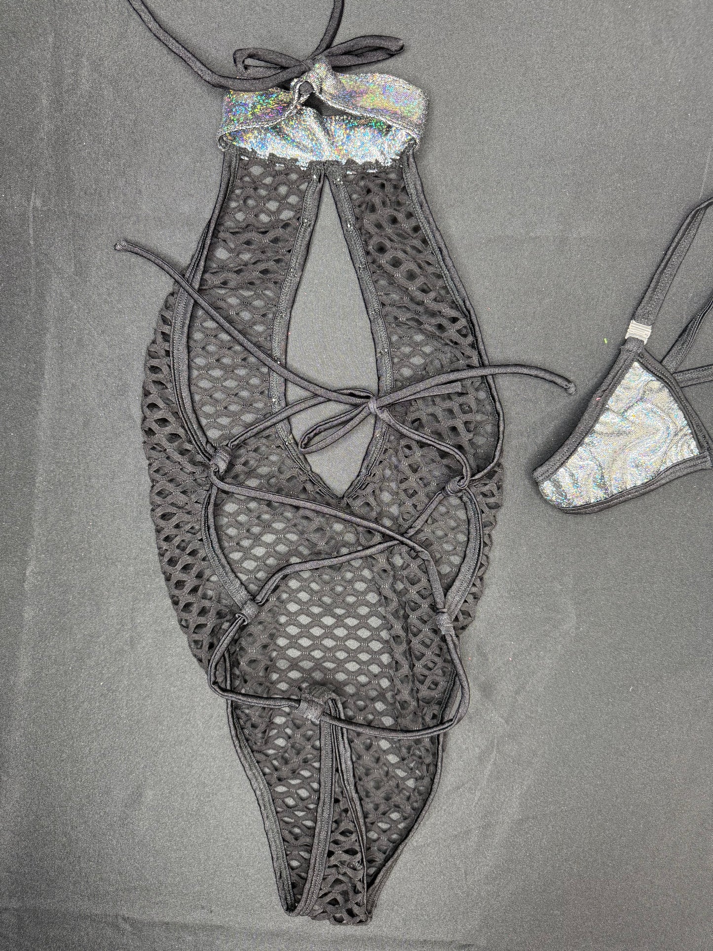 Metallic Black/Black Fishnet One-Piece Lingerie Outfit