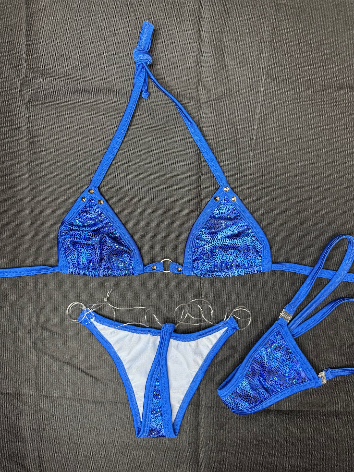 Metallic Royal Blue Animal Print Spandex Two-Piece Bikini Lingerie Outfit