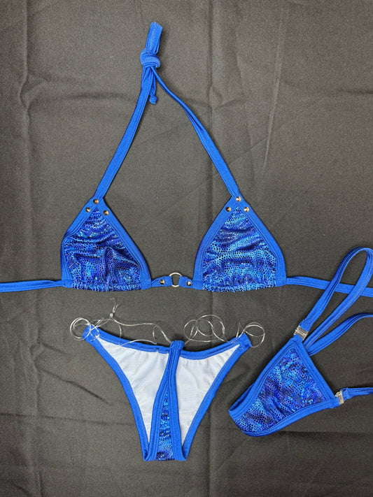 Metallic Royal Blue Animal Print Spandex Two-Piece Bikini Lingerie Outfit