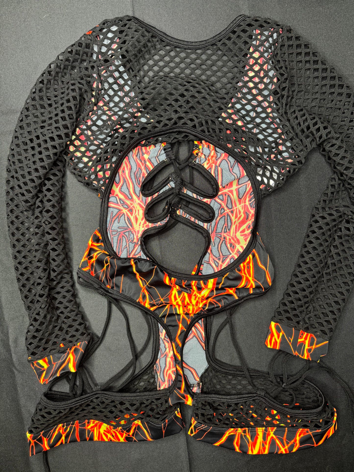 Orange Lightning/Black Fishnet Bartender Romper Outfit