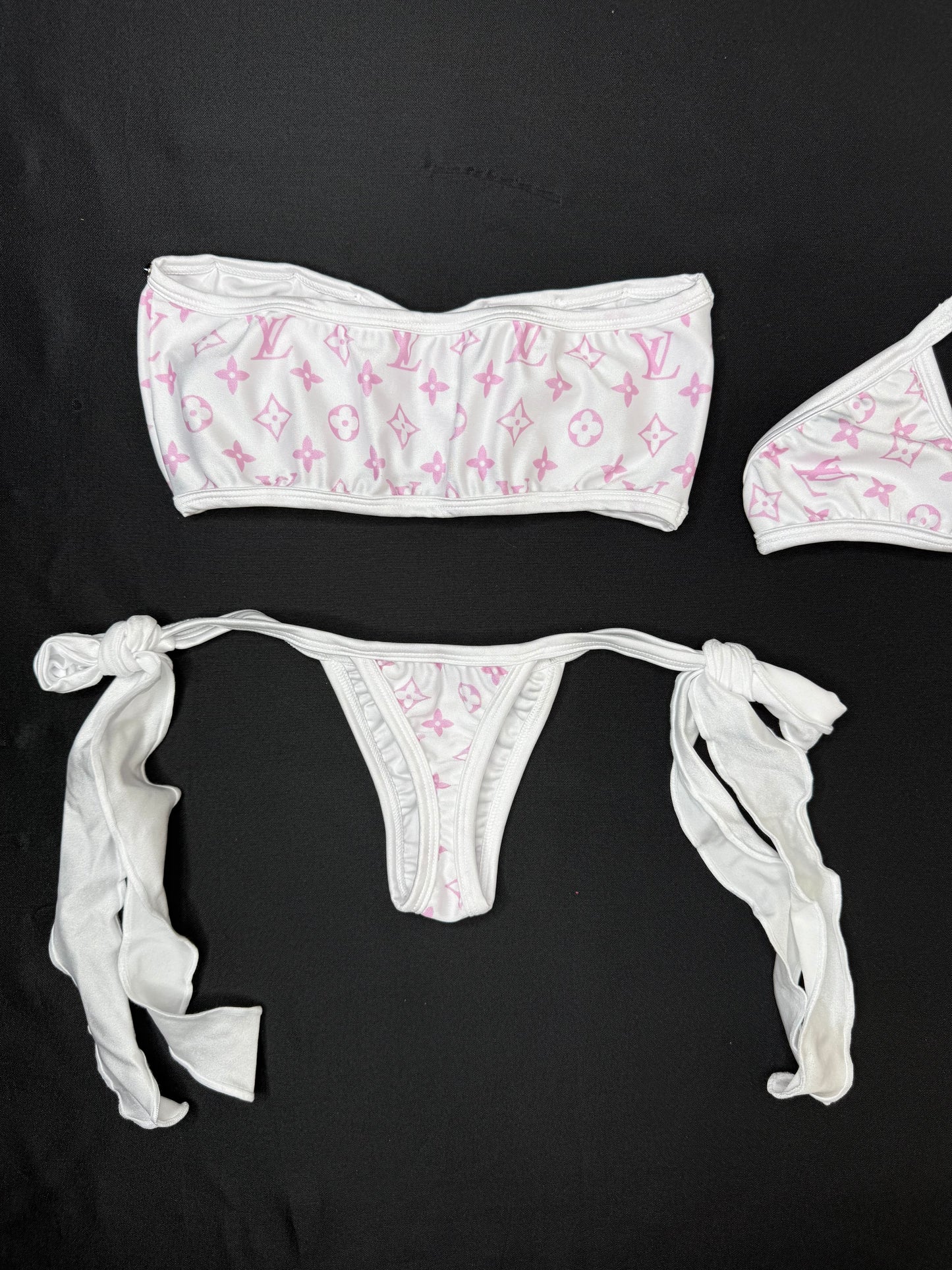 White/Baby Pink Designer Spandex Tube Top/Side Tie Bikini Bottoms Two-Piece Lingerie Outfit