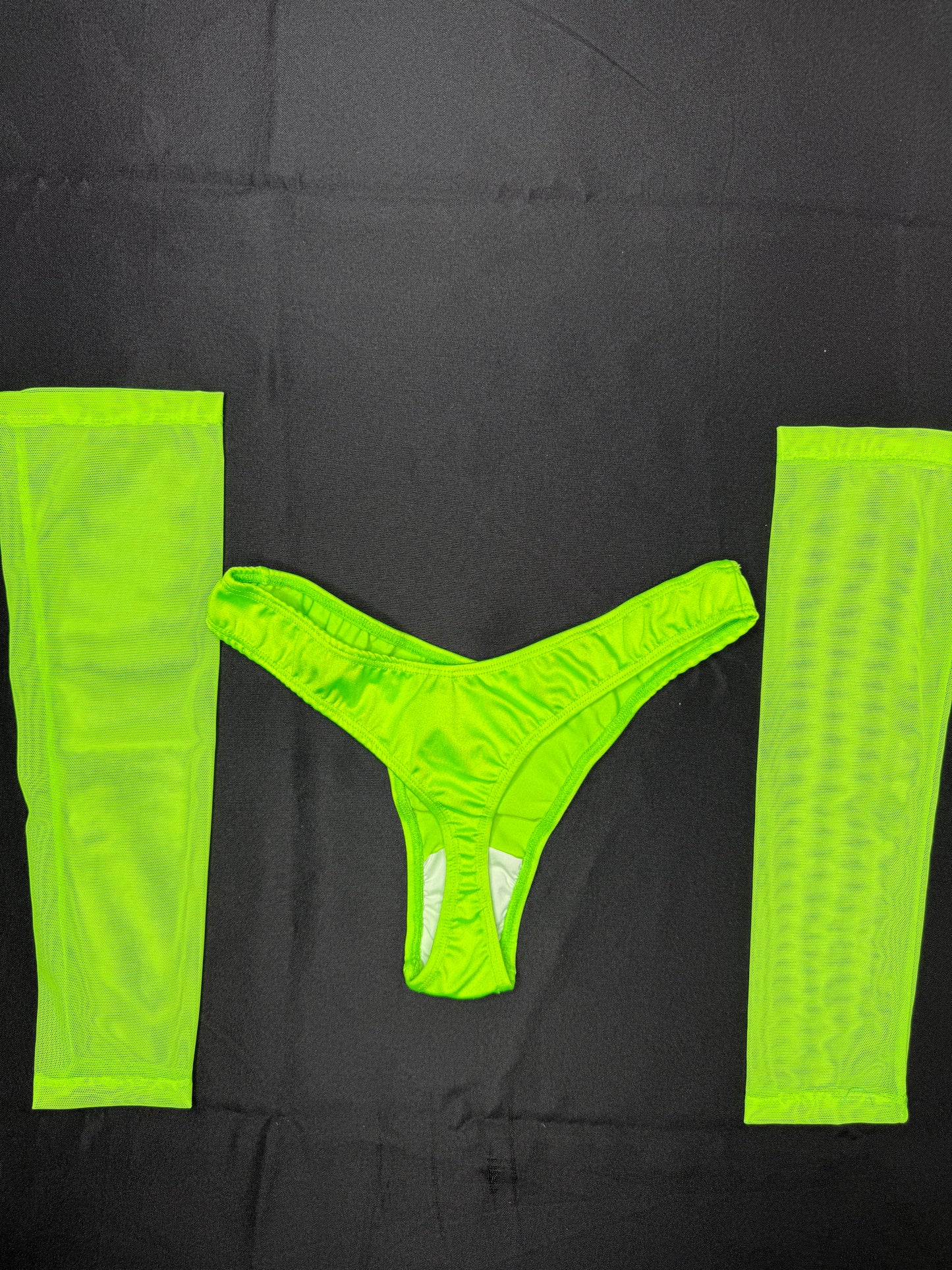 Neon Green Mesh Three-Piece Cheeky Thong/Sleeves Lingerie Outfit