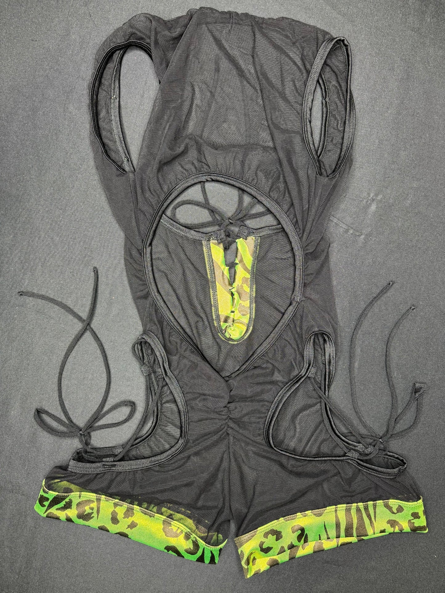 Metallic Green Tiger Stripe/Black Mesh Sleeveless Romper