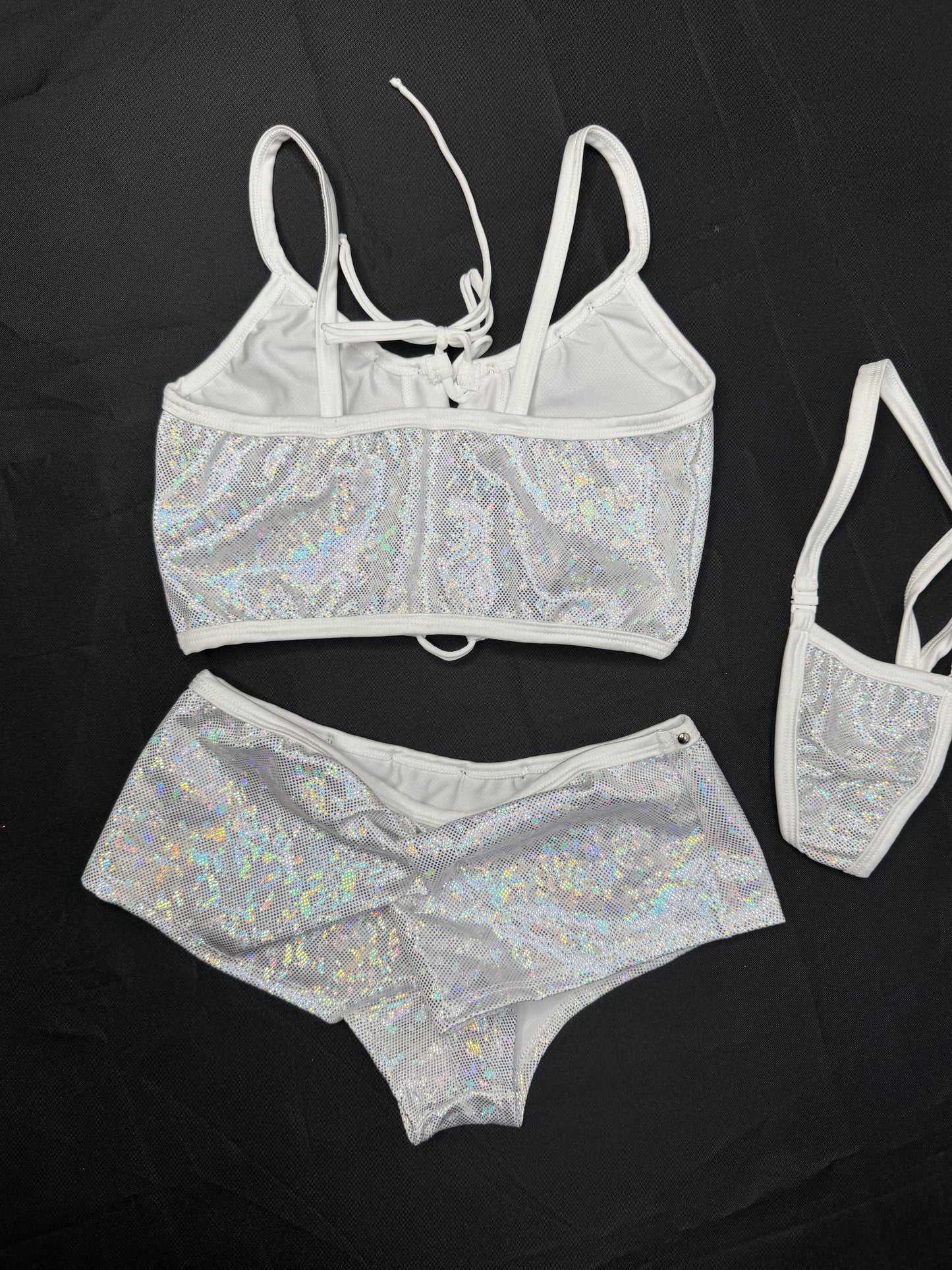 Metallic White Sports Bra/Shorts Two-Piece Lingerie Outfit