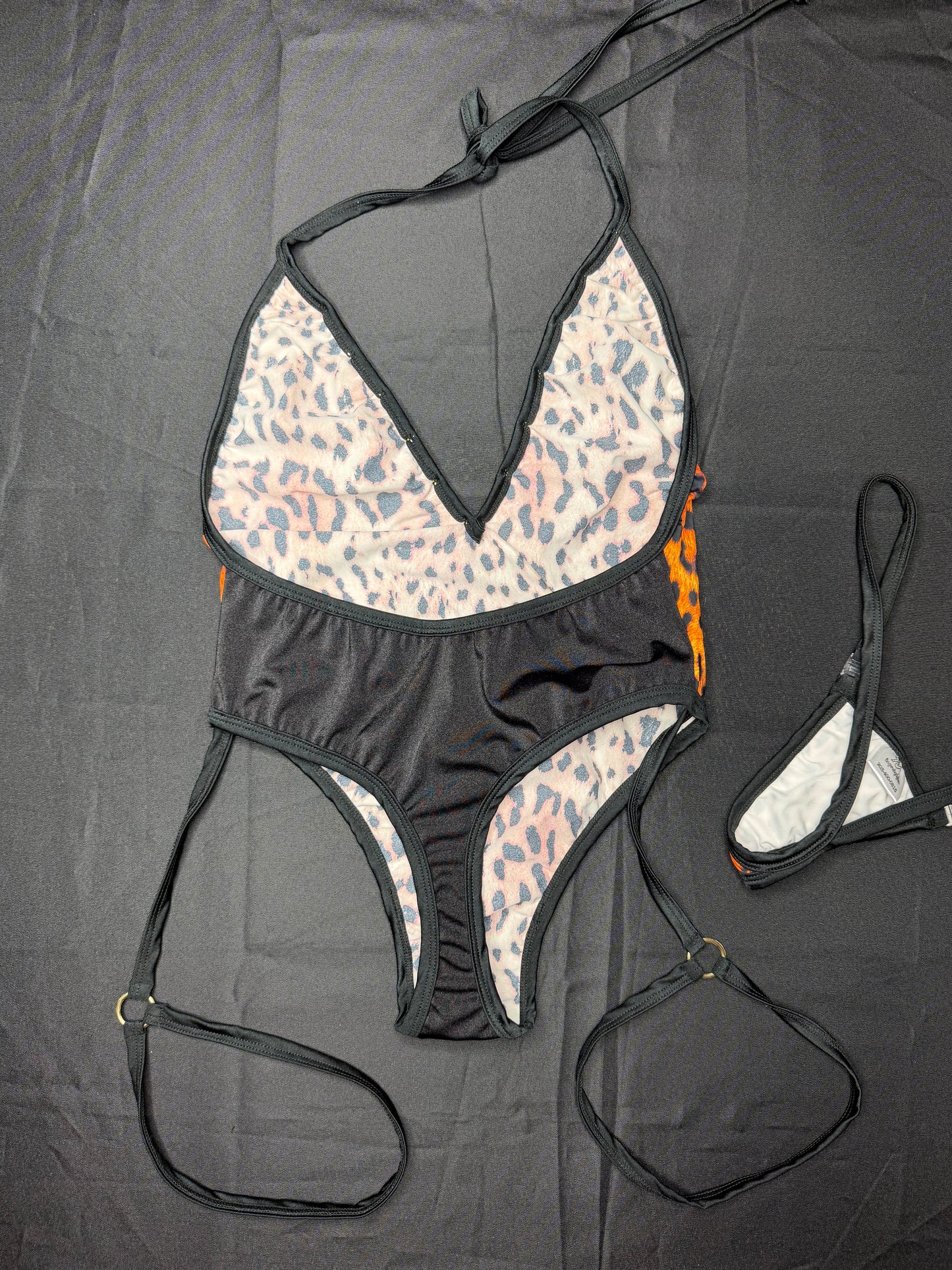 Animal Print/Black Spandex One-Piece Lingerie Outfit