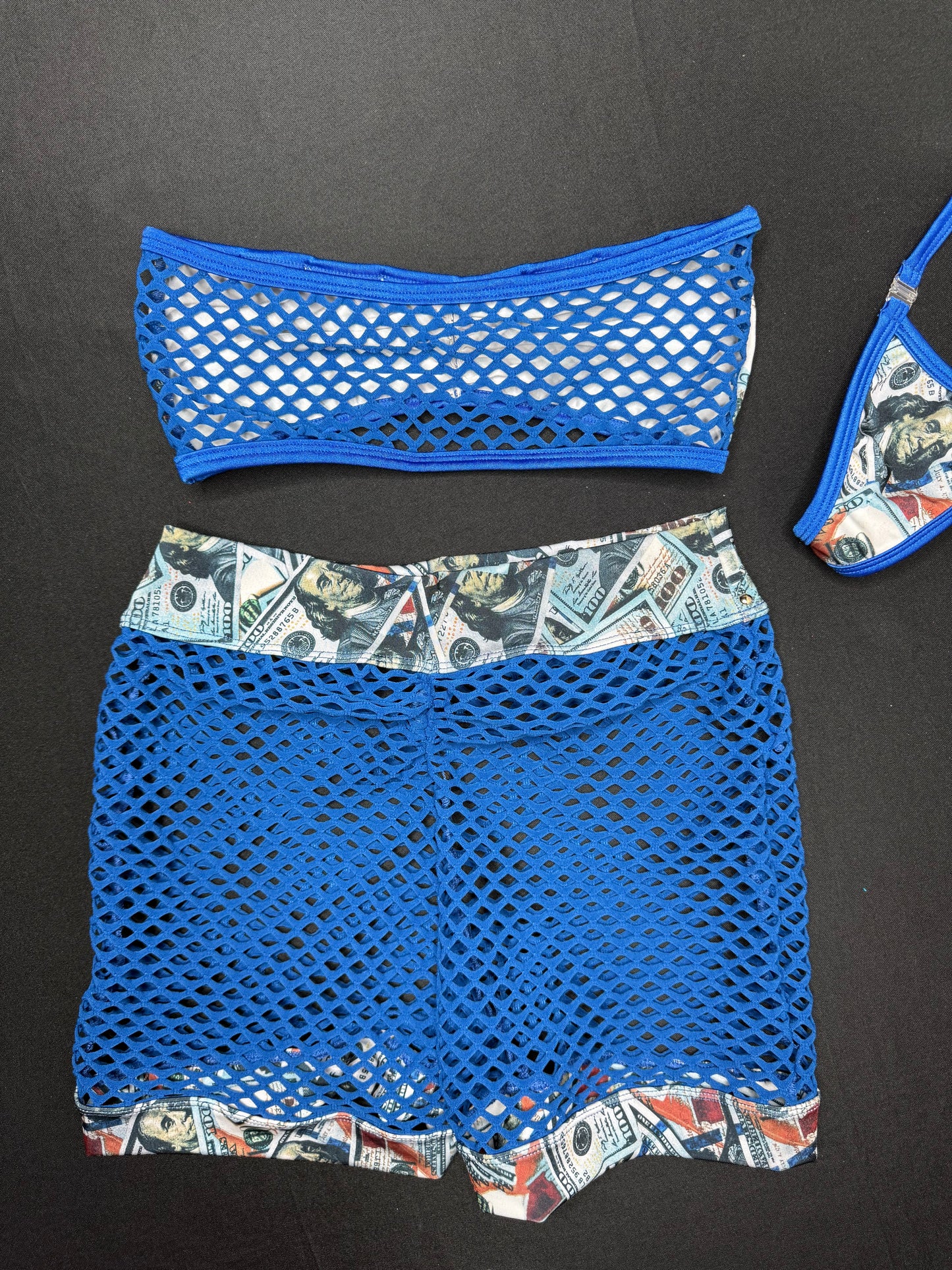 Money Print Blue Fishnet Tube Top/Fishnet Shorts Lingerie Outfit
