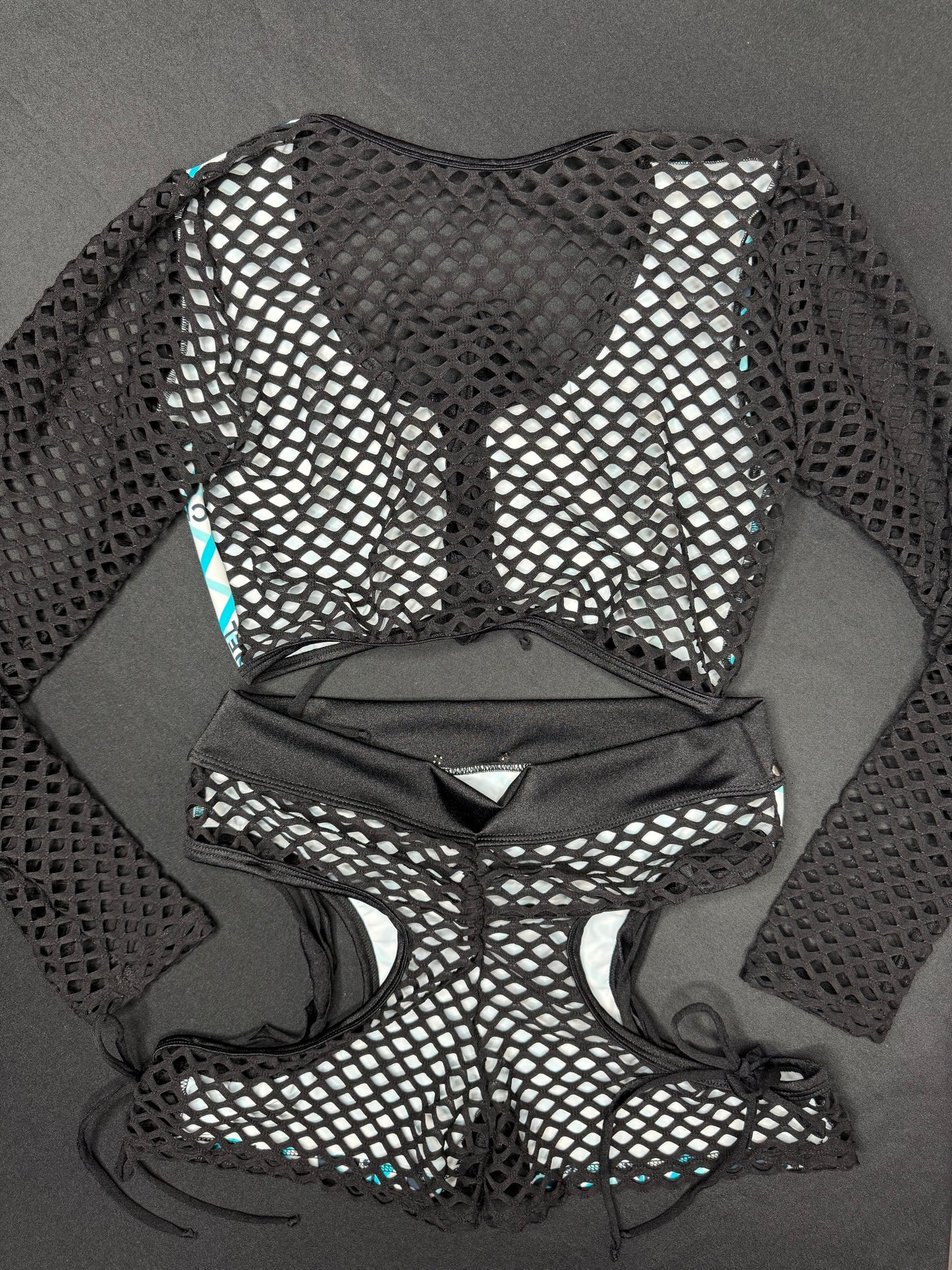 Designer Plaid/Black Fishnet Spandex Long Sleeve/Shorts Two-Piece Lingerie Outfit