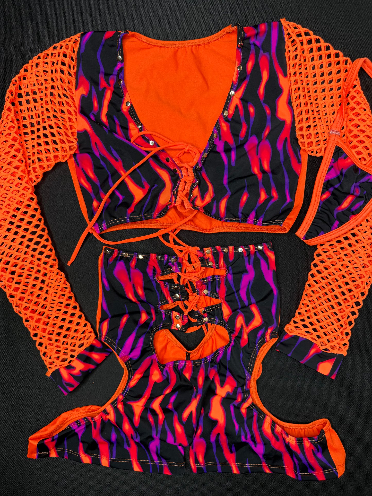 Animal Print/Orange Fishnet Spandex Long Sleeve/Shorts Two-Piece Lingerie Outfit