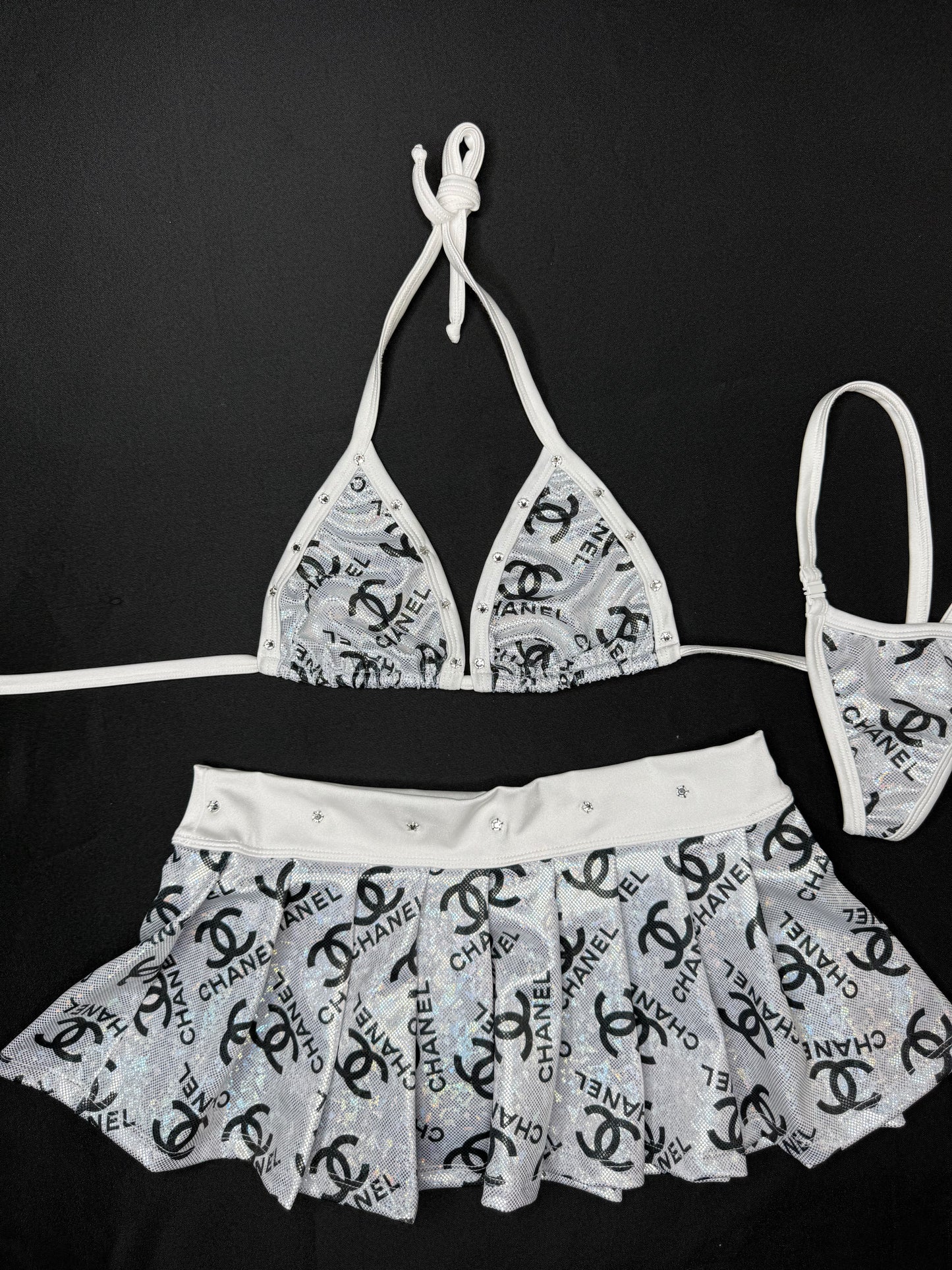 Metallic Silver/White Spandex Bikini Top/Skirt Two-Piece Lingerie Outfit