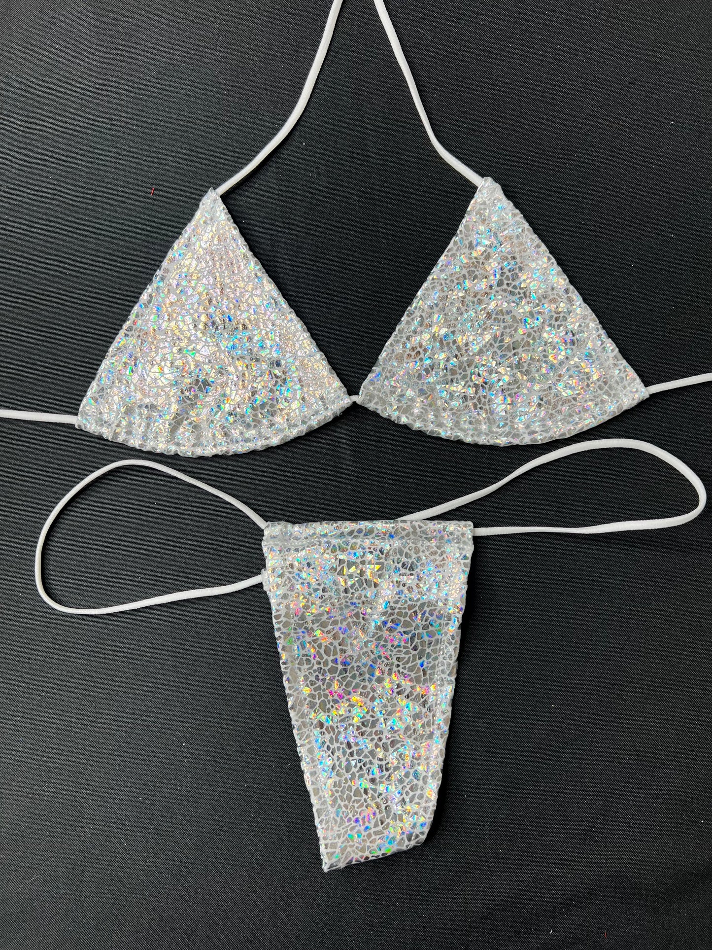 Metallic White Two-Piece Micro Bikini Lingerie Outfit