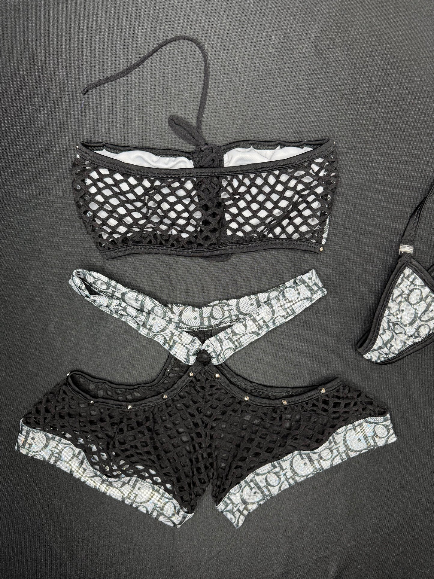 Silver Designer/Black Fishnet Spandex Tube-Top/Shorts Two-Piece Lingerie Outfit