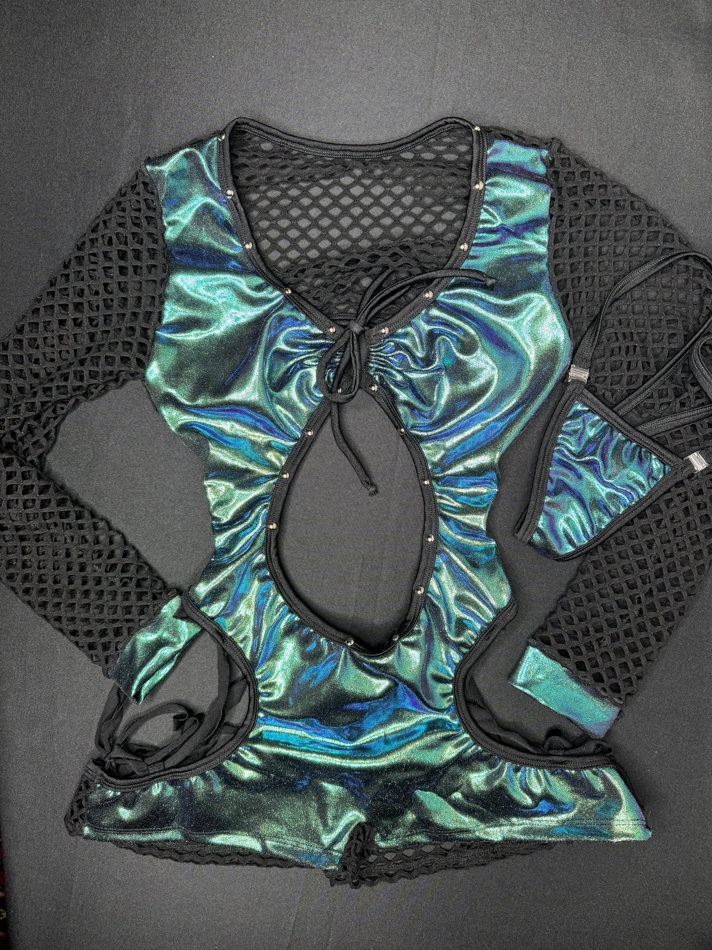 Microdot Kelly Green/Black Fishnet One-Piece Romper Lingerie Outfit