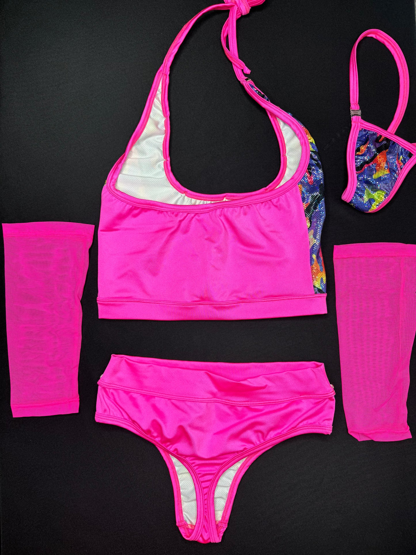 Holographic Purple Camouflage/Hot Pink Mesh/Spandex Shorts/Sleeves Lingerie Outfit