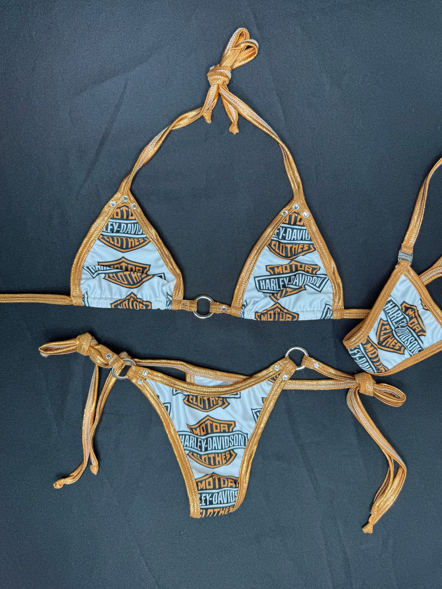 Harley Print/Copper Spandex Two-Piece Side-Tie Bikini Lingerie Outfit