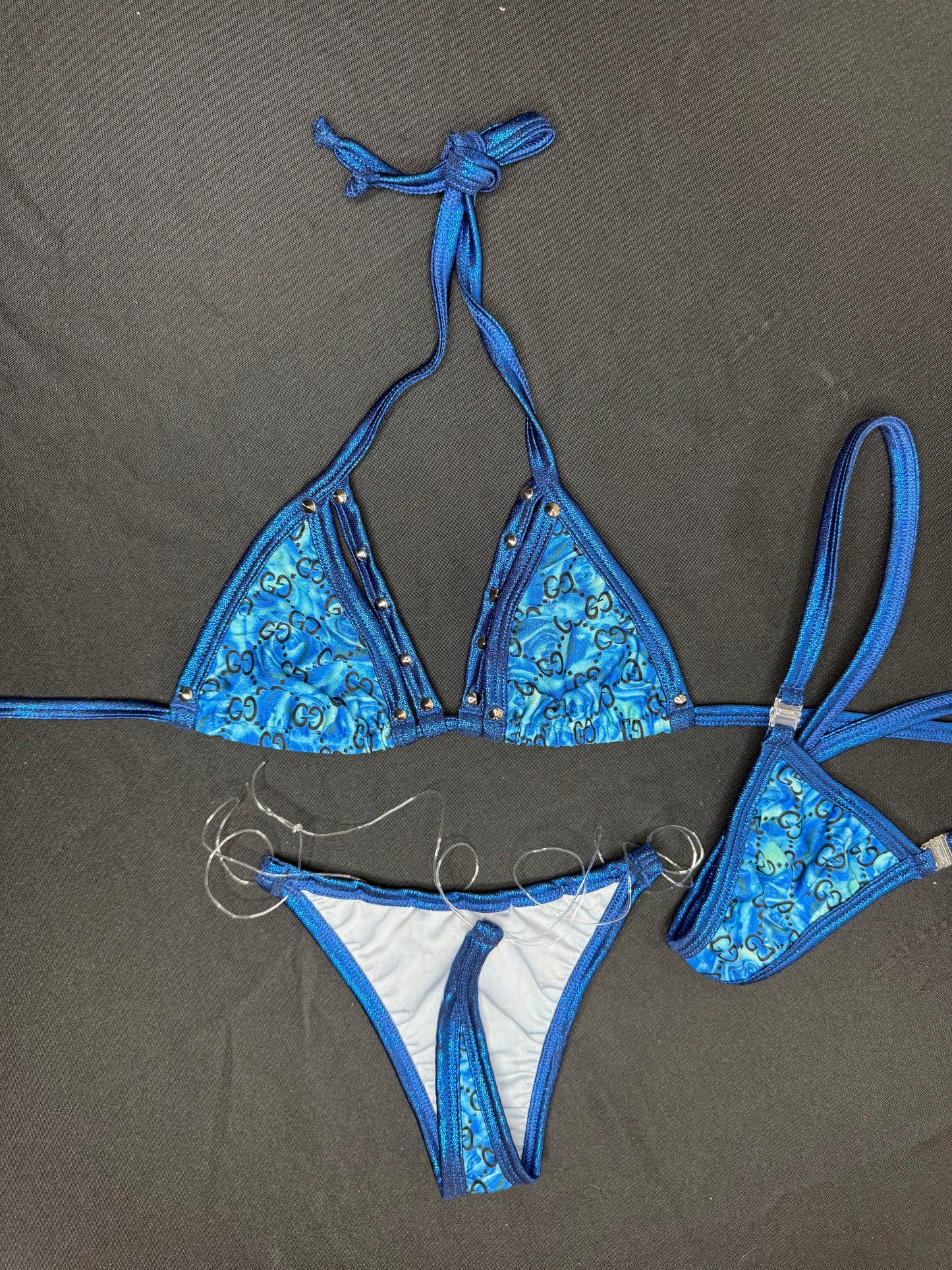 Metallic Blue/Blue Designer Two-Piece Side-Tie Bikini Lingerie Outfit