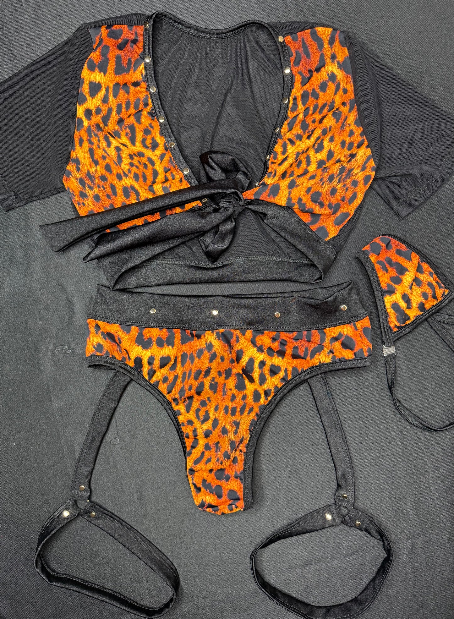Black/Animal Print Spandex/Mesh Short Sleeve Front Tie Top/Garter Shorts Two-Piece Lingerie Outfit