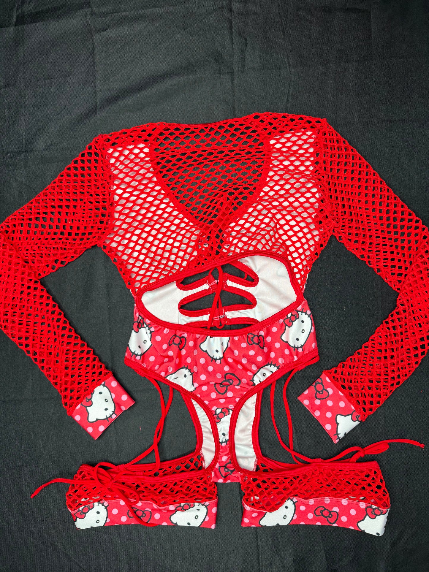 Red Kitty Print/Red Spandex Romper Lingerie Outfit