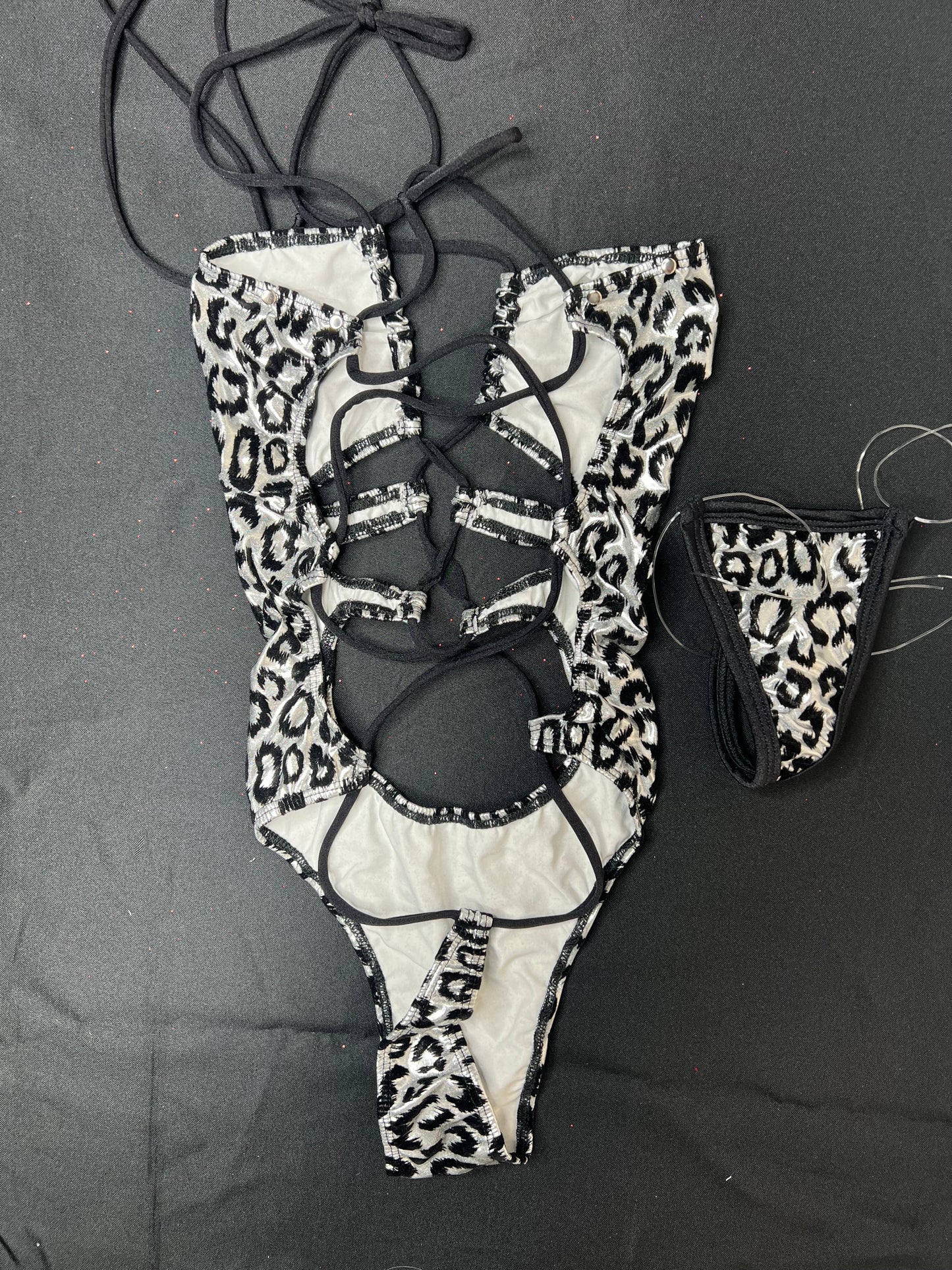 Silver/Black Cheetah Animal Print Print One-Piece Lingerie Outfit