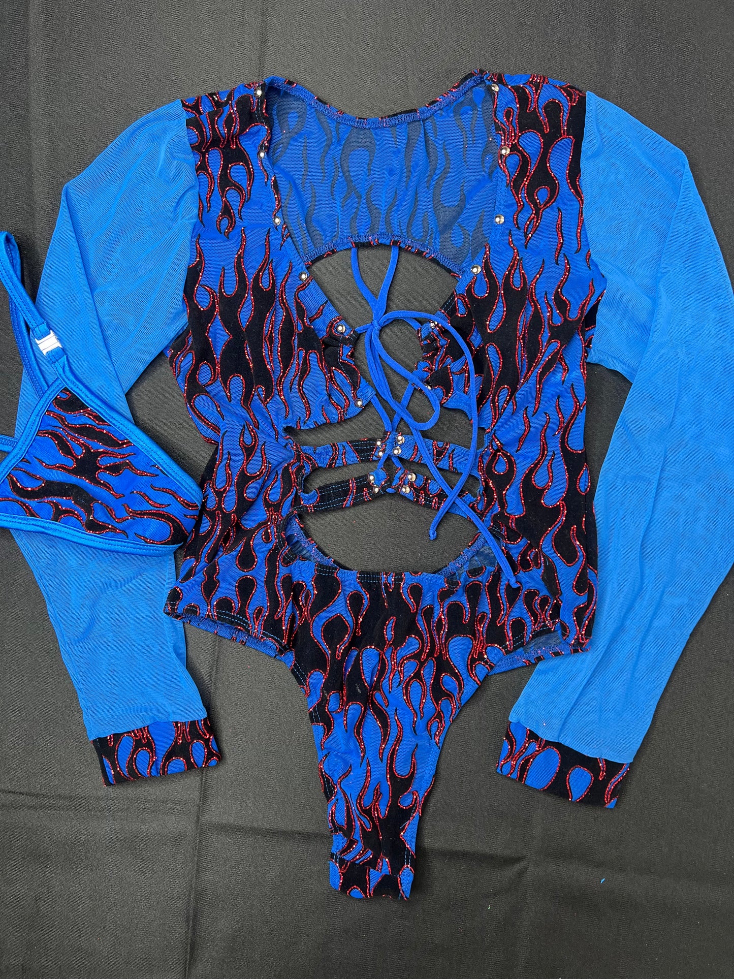 Mesh Blue Mesh Metallic Flames One-Piece Leotard Exotic Dancer Outfit