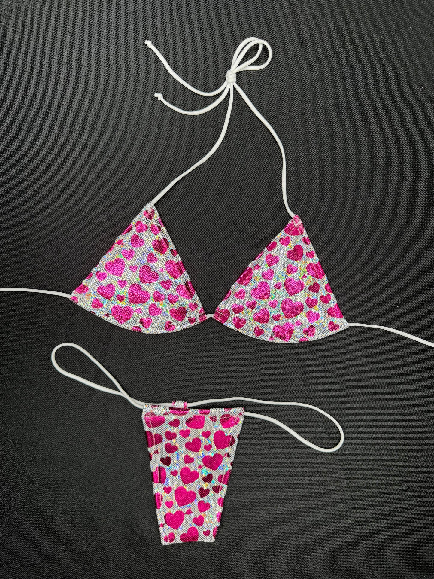 Heart Holographic Two-Piece Micro Bikini Lingerie Outfit