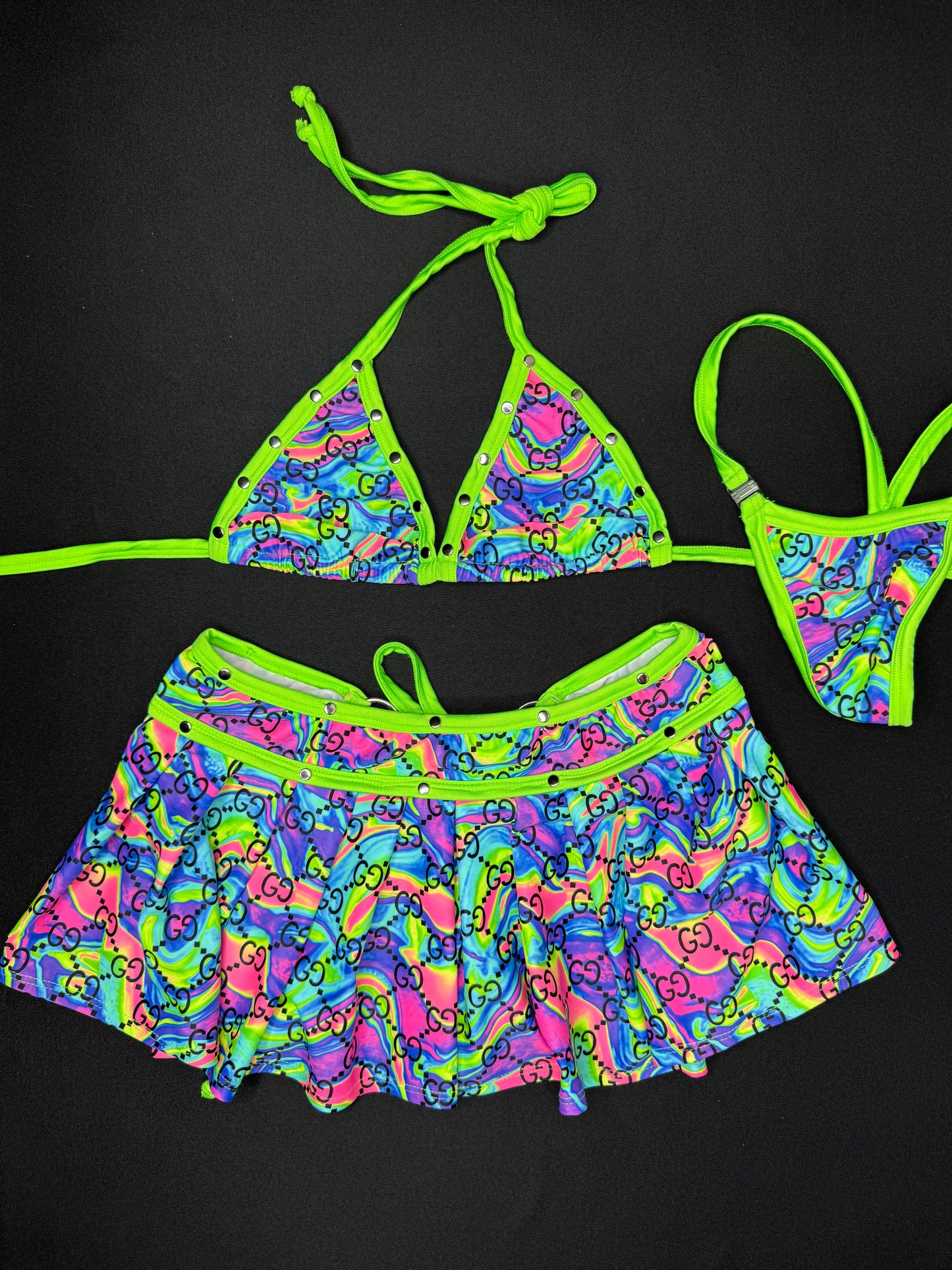 Neon Green/Tie Dye Designer Two-Piece Skirt Lingerie Outfit