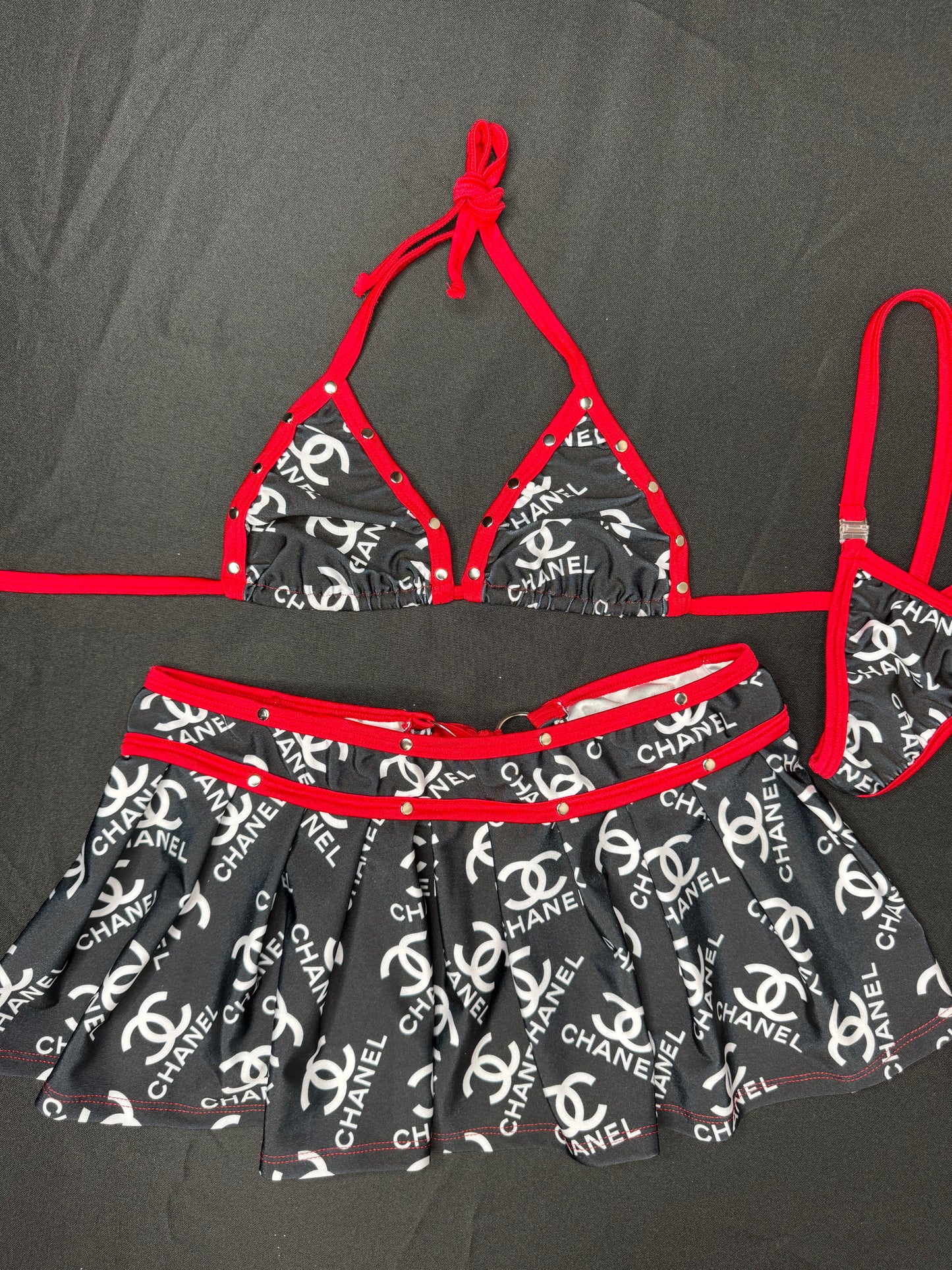 Red/Black Designer Spandex Two-Piece Bikini Top/Skirt Lingerie Outfit