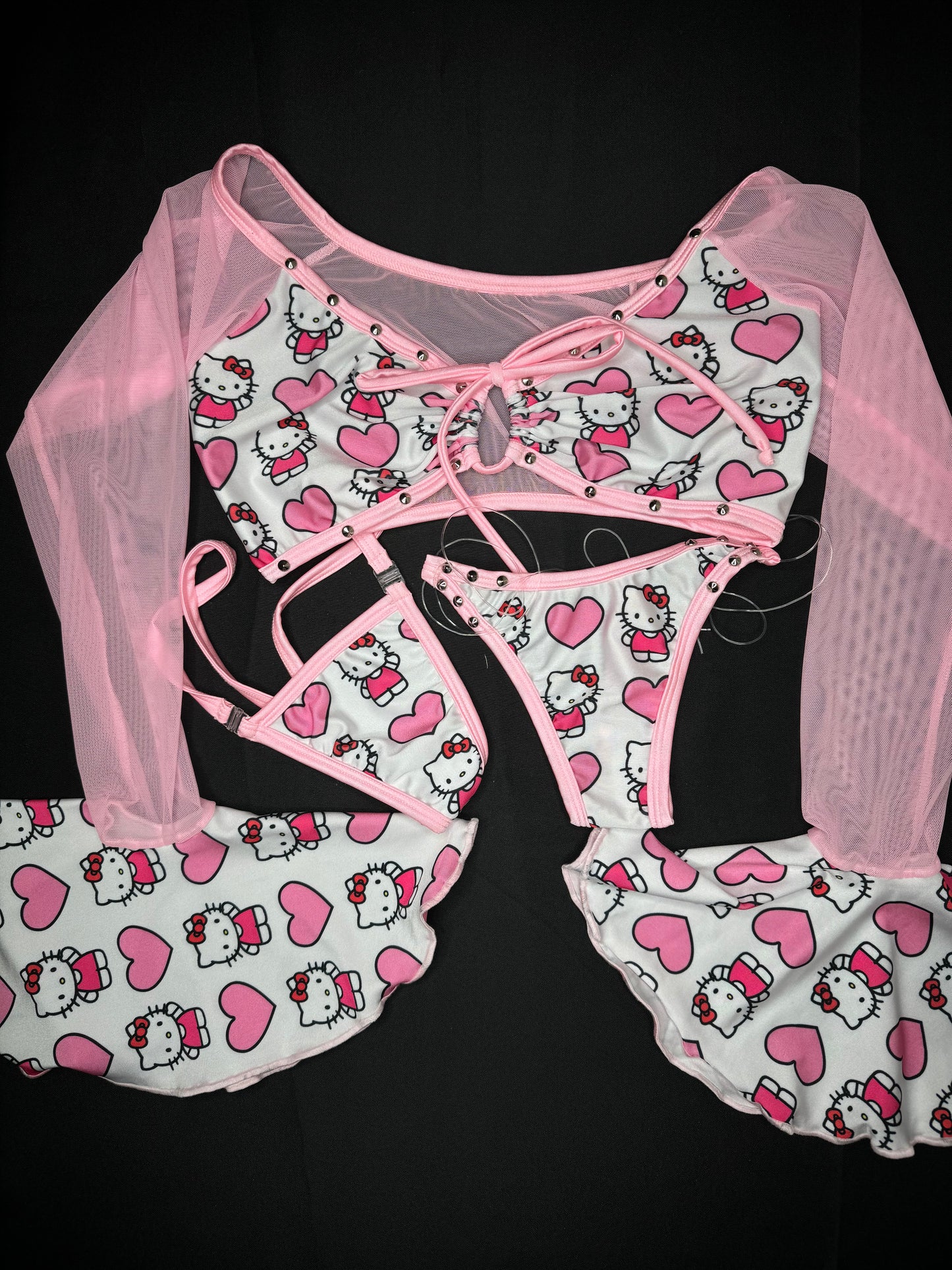 White/Baby Pink Kitty Hearts Mesh Two-Piece Fringe Exotic Dancer Outfit