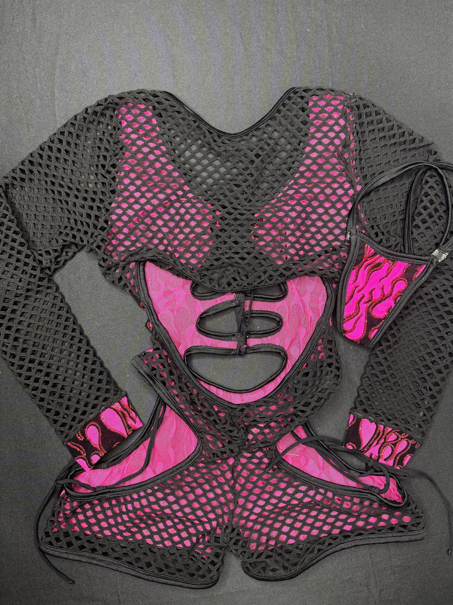 Pink Flame Mesh/Black Fishnet Long Sleeve Romper Lingerie Outfit