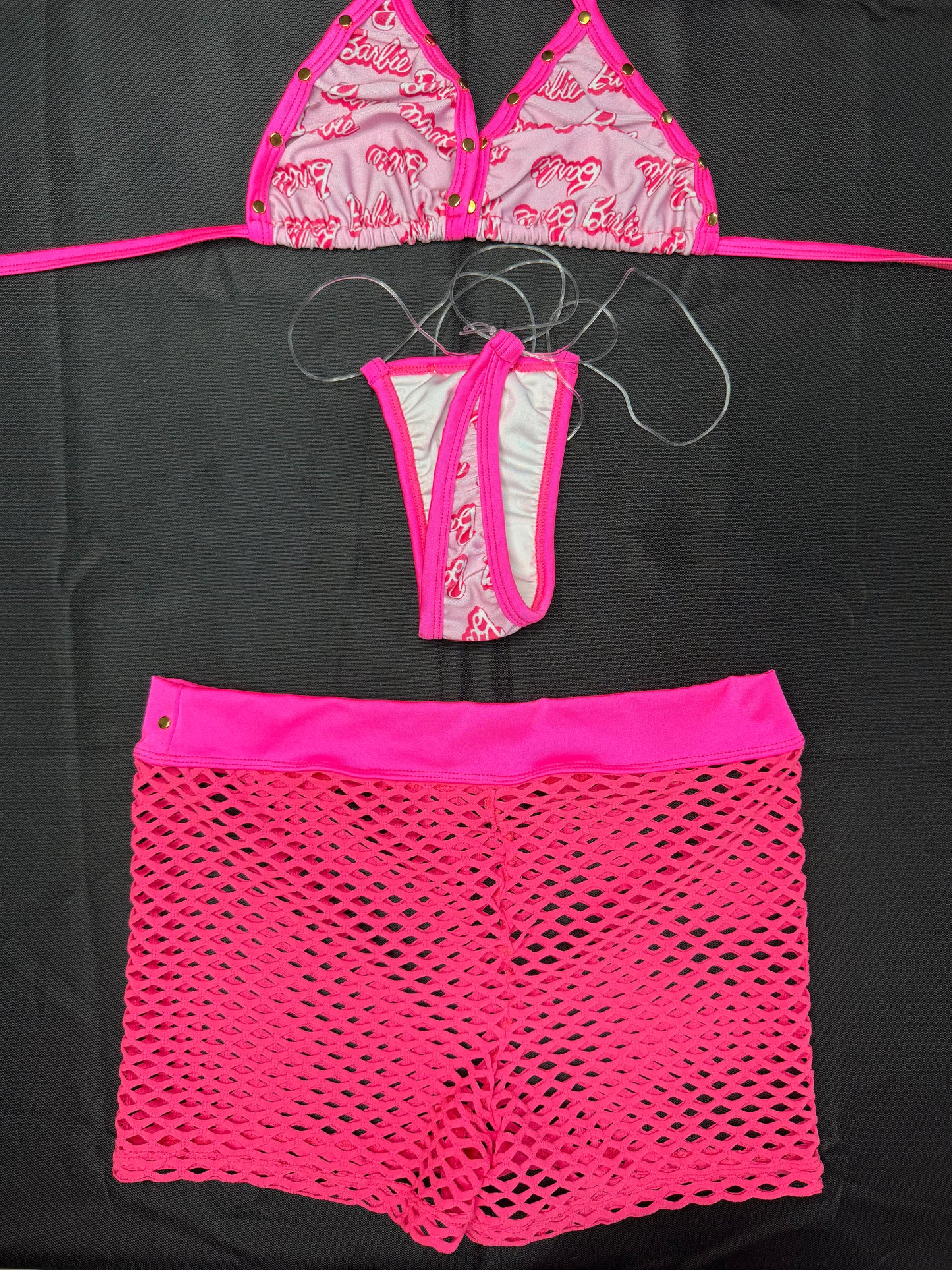 Designer Hot Pink/Baby Pink Spandex Three-Piece Lingerie Outfit