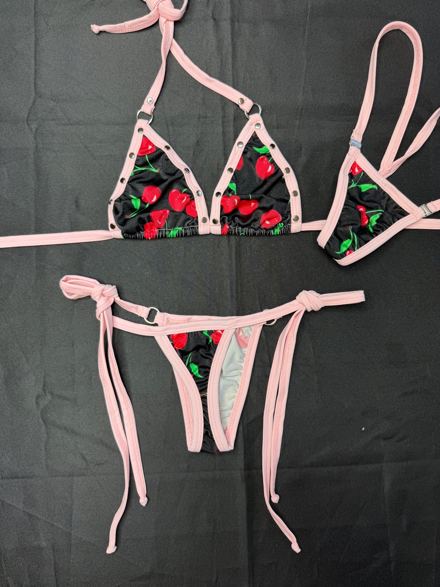 Black Cherry Print/Baby Pink Spandex Two-Piece Bikini Lingerie Outfit