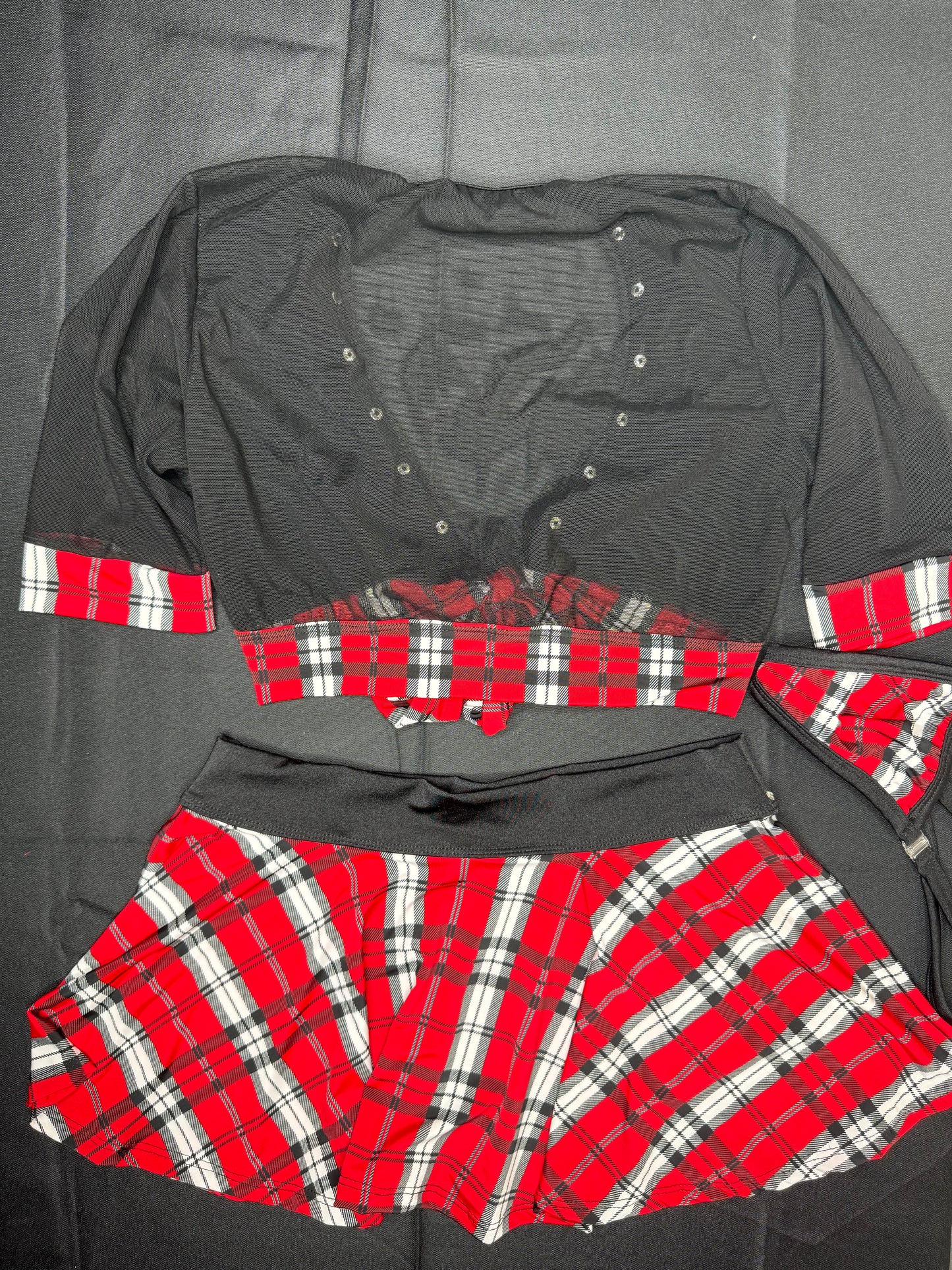 Red Plaid/Black Mesh School Girl Two-Piece Skirt Lingerie Outfit