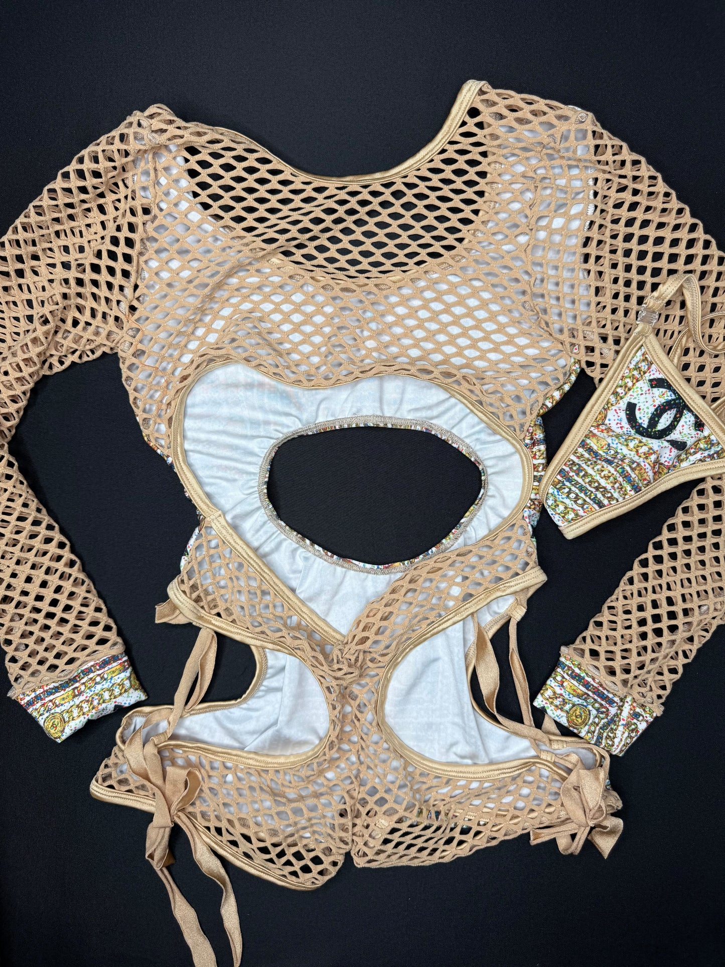 Beige Designer Spandex/Fishnet One-Piece Romper Lingerie Outfit