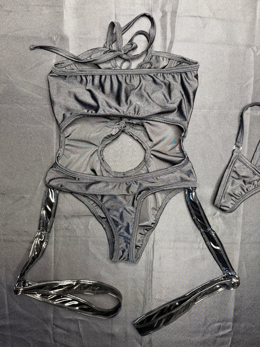 One-Piece Black Vinyl Dance Wear Outfit Sexy Stripper Lingerie