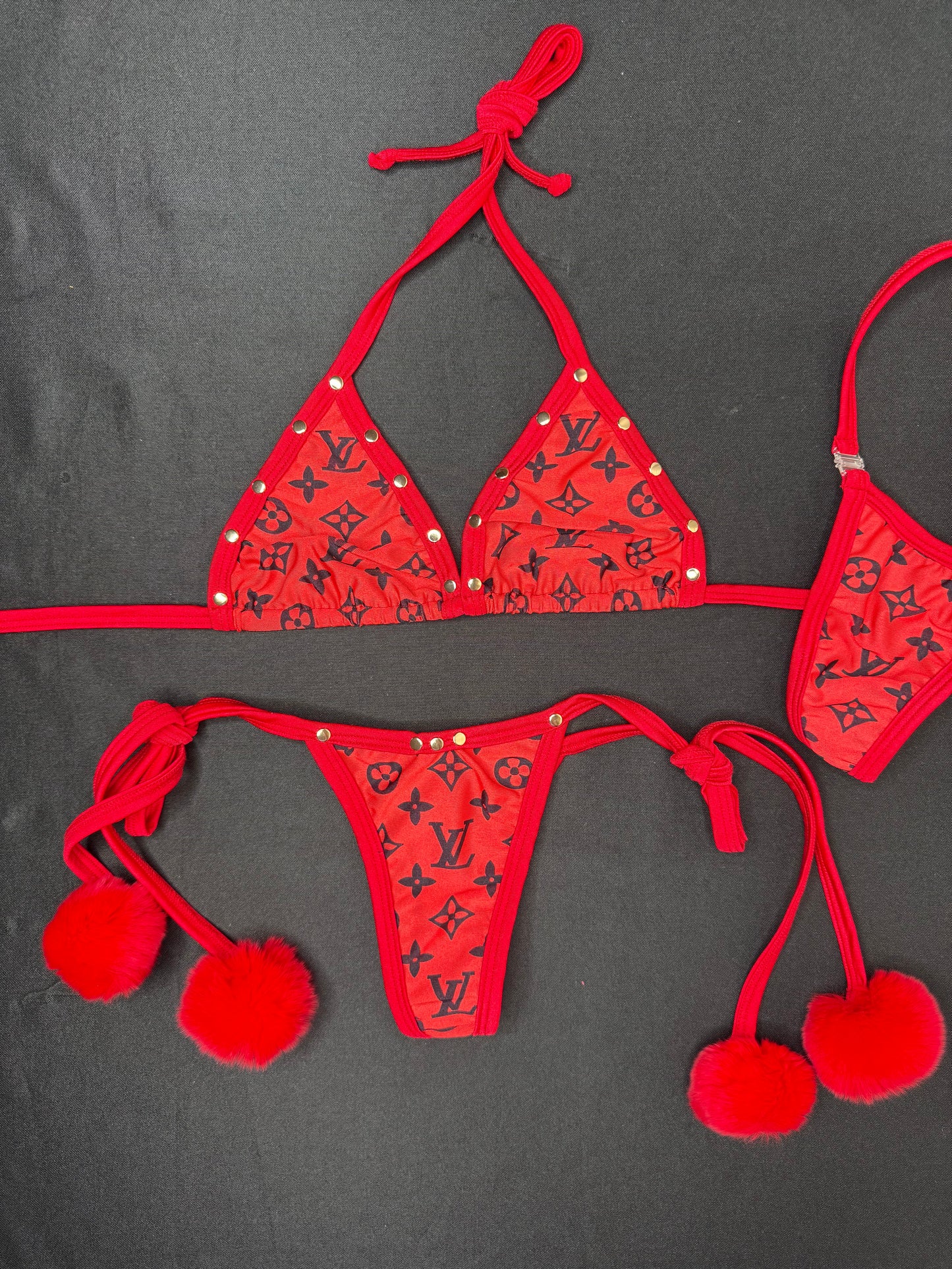 Red/Black Spandex Fur Two-Piece Bikini Lingerie Outfit